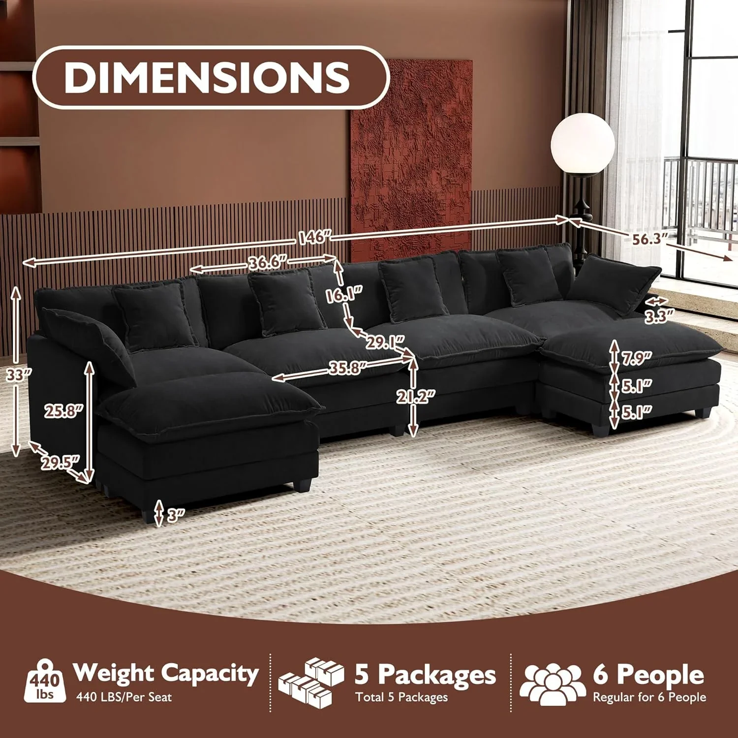 Ihanherry 146" U-Shaped Modern Sofa Modular Sectional Cloud Couch with 2 Ottoman, 6-Seat Chenille Deep Seat Sofa with 6 Pillows for Living Room, Bedroom and Apartment, Grey