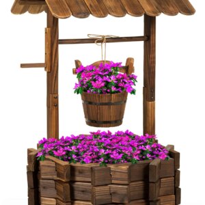 Best Choice Products Rustic Wooden Wishing Well Planter Outdoor Home Décor for Patio, Garden, Yard w/Hanging Bucket