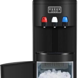 ICEPURE Water Dispenser with Ice Maker, 3-in-1 Hot and Cold Water Cooler with Built-in Bullet Ice Maker Machine, 26.5lbs/24H, Top Loading for 3-5 Gallon Bottle, Child Safety Lock, Black