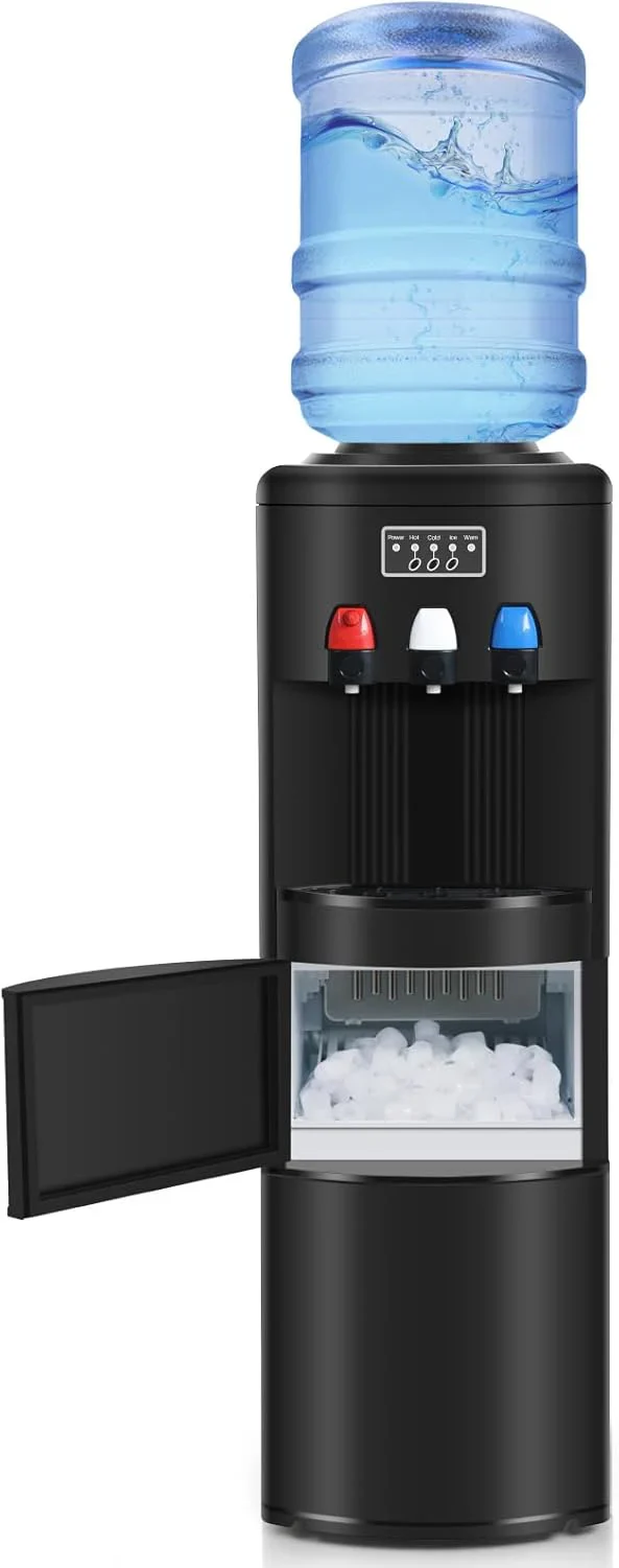 ICEPURE Water Dispenser with Ice Maker, 3-in-1 Hot and Cold Water Cooler with Built-in Bullet Ice Maker Machine, 26.5lbs/24H, Top Loading for 3-5 Gallon Bottle, Child Safety Lock, Black