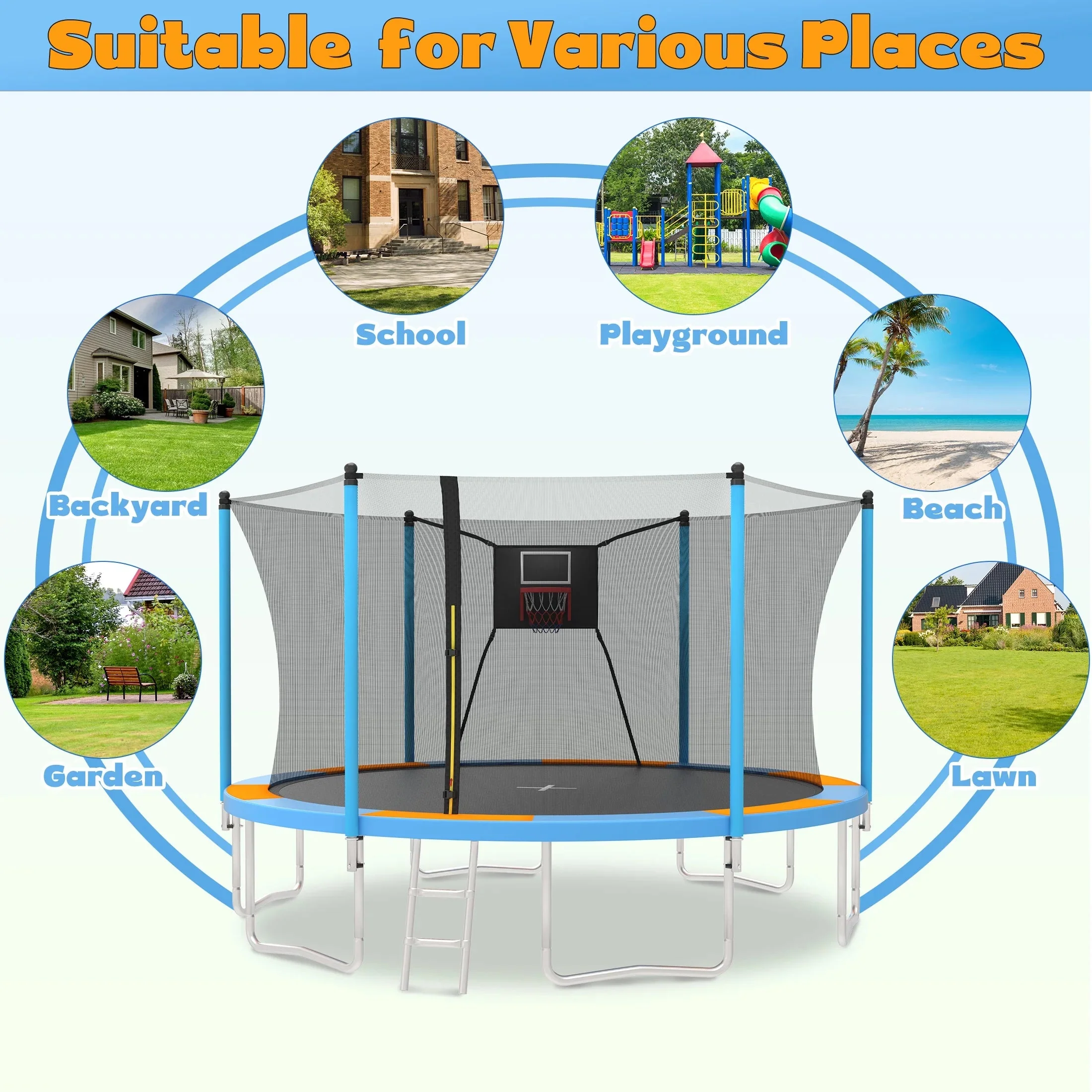 SHINPT 14ft Outdoor Trampoline With Safety Net, Basketball Hoop And Ladder