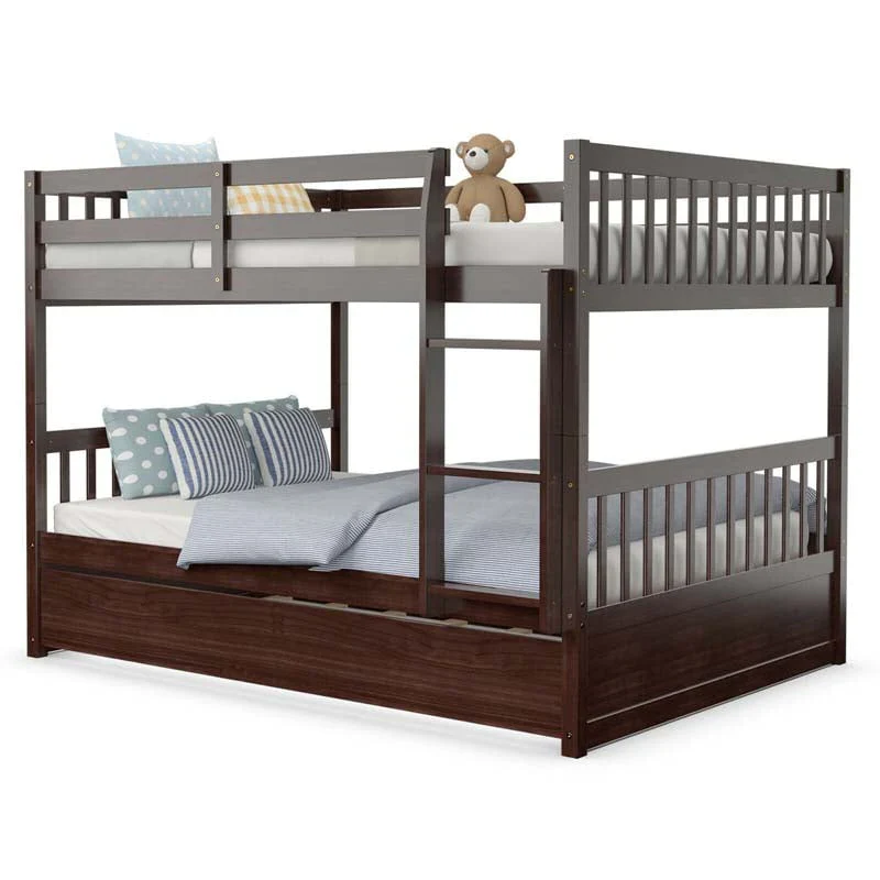Solid Wood Full Over Full Bunk Bed Frame with Trundle, Safety Ladder & Guardrails, Convertible Bunk Bed for Kids Teens