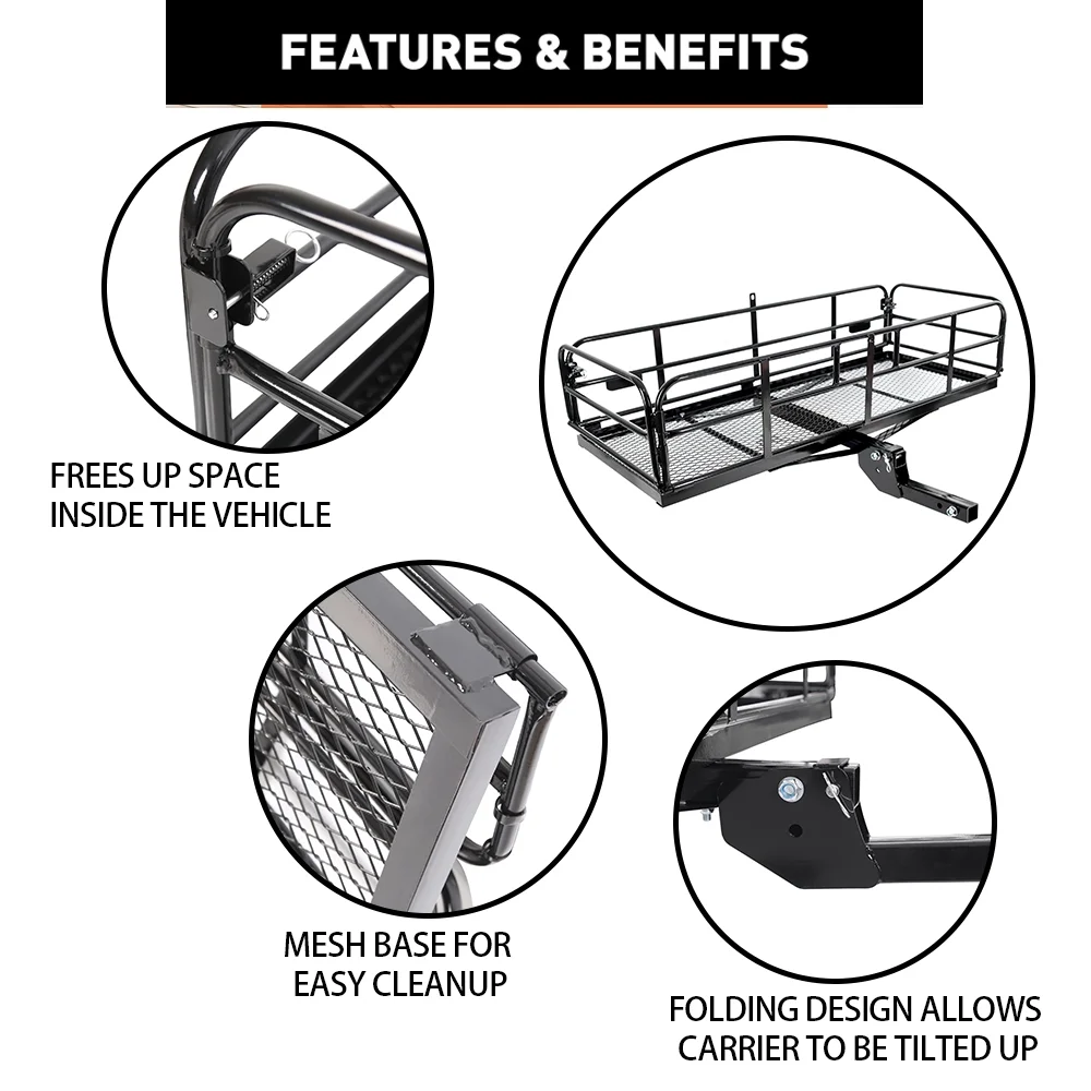 Kojem 500 Lbs Hitch Mount Cargo Carrier 60" x 24" x 14" Folding Cargo Rack Rear Luggage Basket Fits 2" Receiver for Car SUV Camping Traveling