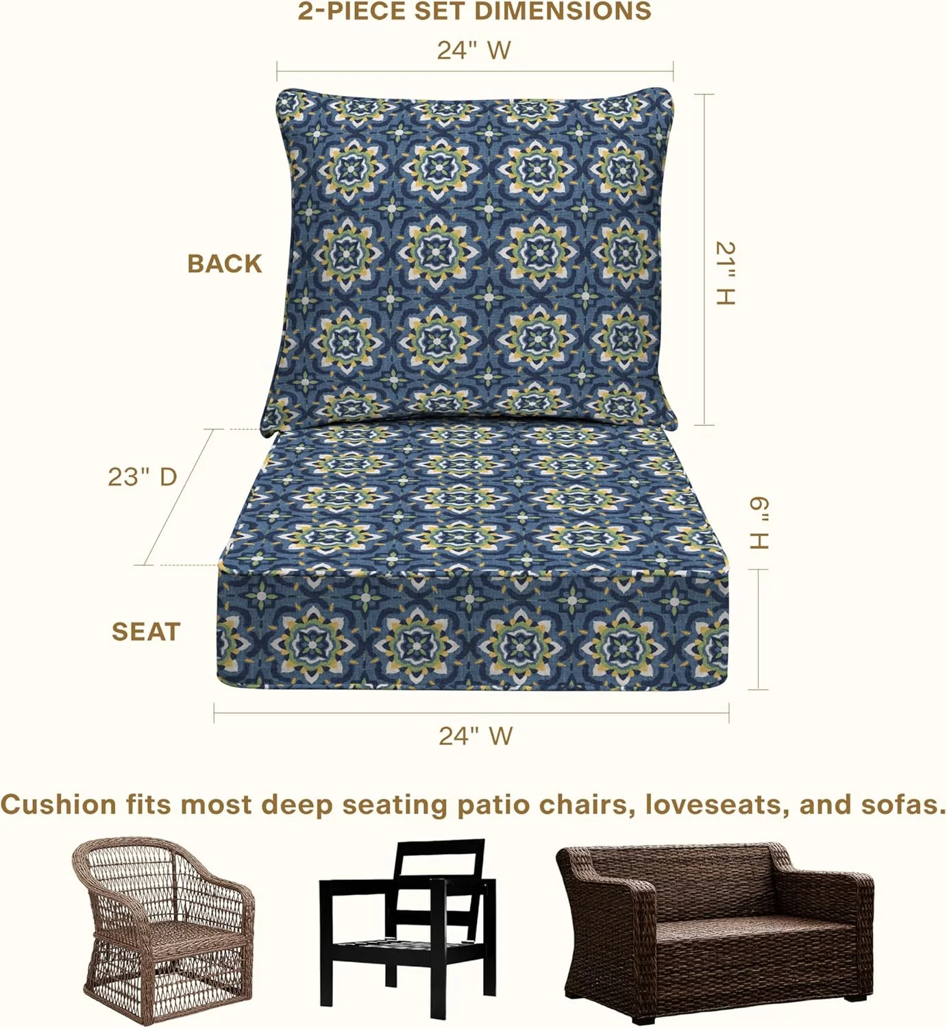 AWFHHT Outdoor Deep Seat, 24" W x 23" D, Zaire Outdoor Chair Cushion