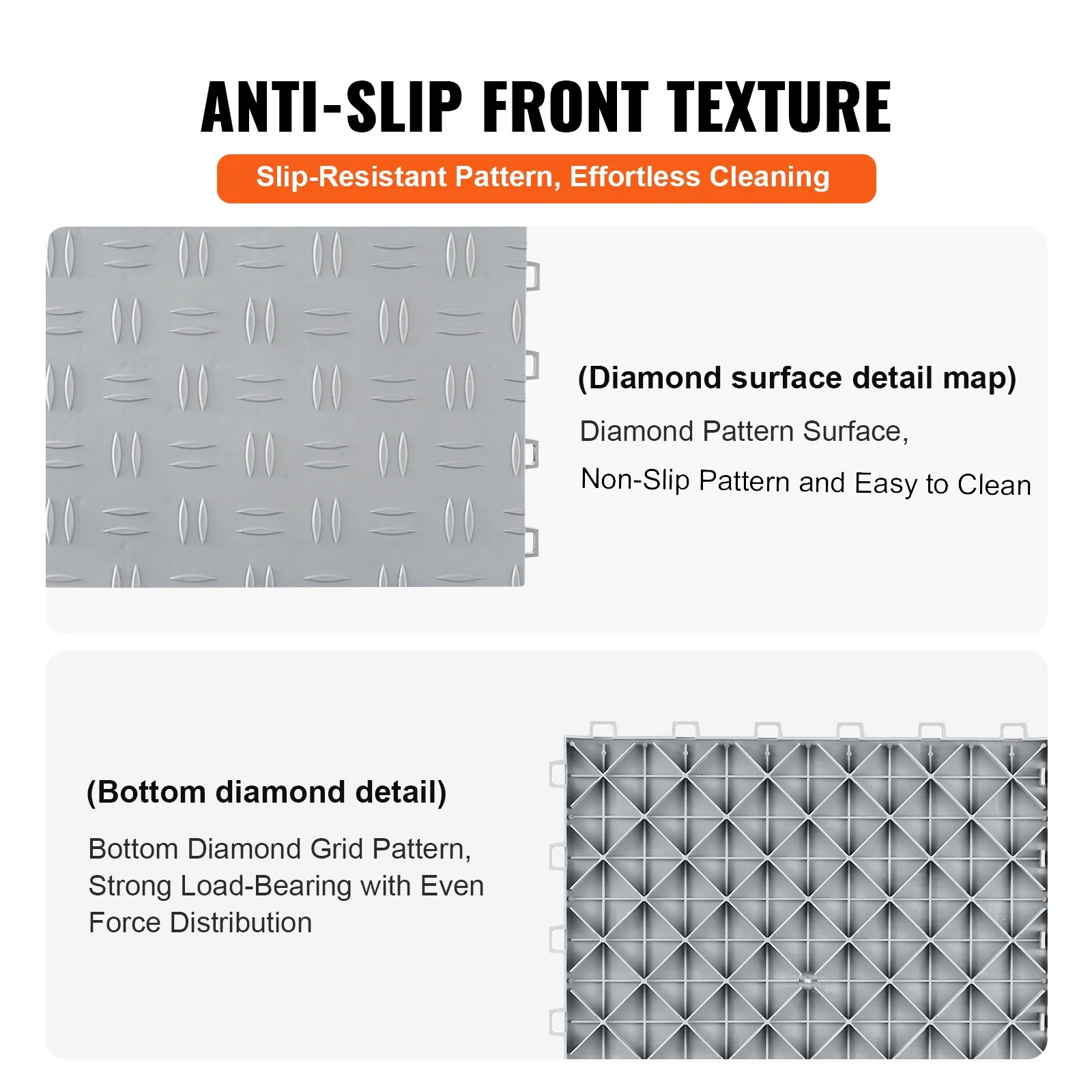 VEVOR Garage Tiles Interlocking, 12 x 12 x 0.53 inch 50 Pack Garage Floor Covering Tiles, Non-Slip Double-Sided Texture Garage Flooring Tiles, for Garages, Basements, Repair Shops, Silver