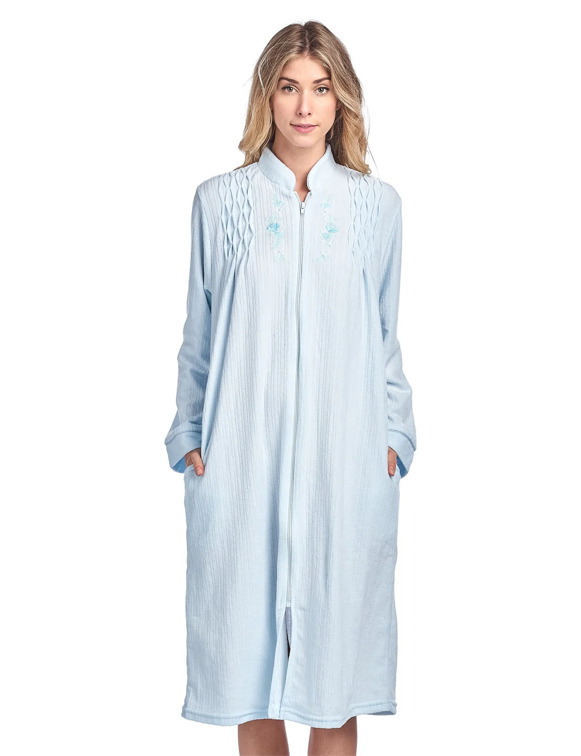 Casual Nights Women’s Zipper Front Jacquard Terry Fleece Robe Duster – Blue – X-Large