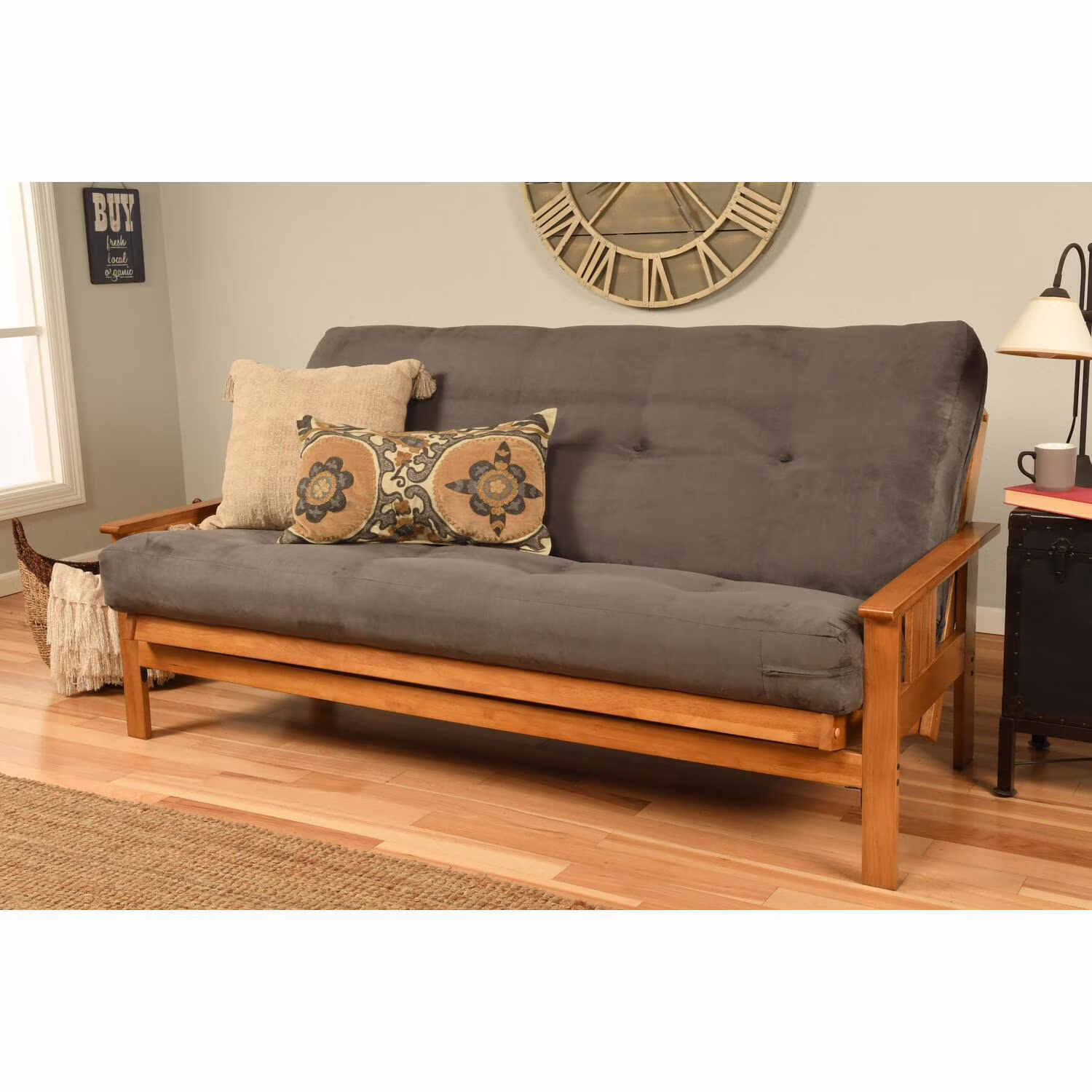 Homestock African Artifacts Full Size Futon Frame Set with Mattress, Easily Converts to Bed, Versatile Design Futon Frame for All Spaces, 33"H x 79"L x 37"D-Color:Linen Charcoal,Size:Barbados