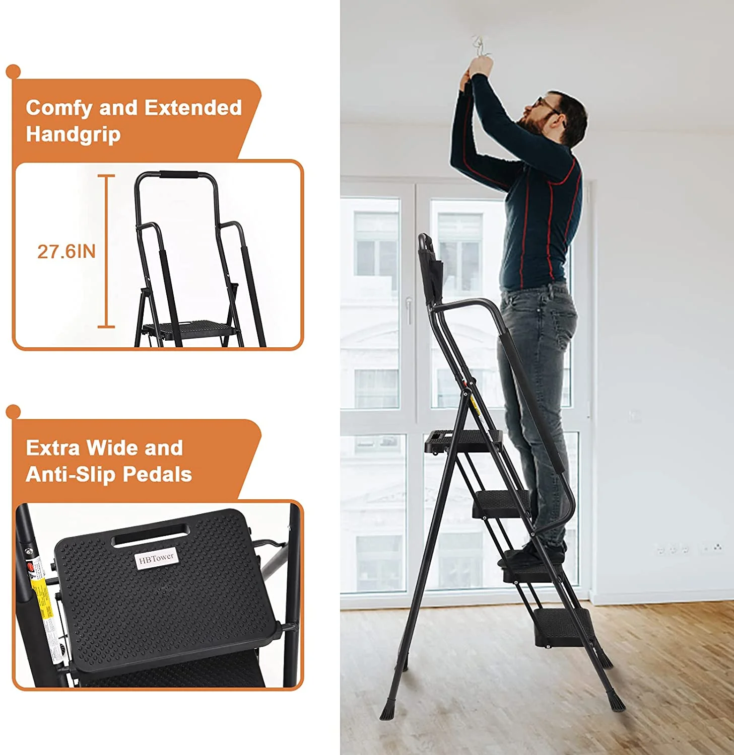 HBTower 4 Step Ladder with Handrails and Tool Bag, Folding Step Stool with Attachable  Anti-Slip Wide Pedal, Black
