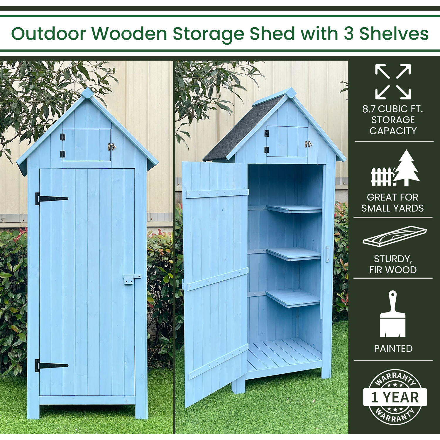 Hanover Sturdy Durable Waterproof Wood Outdoor Vertical Storage Shed, 70.40″x 30.30″x21.30″, Blue