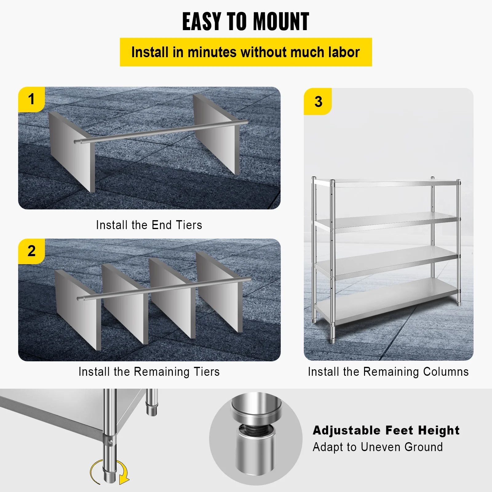 KFFKFF Storage Rack, Quad-Level Metal Shelves, Organizational Shelf Unit, Dimensions 70.9 x 17.7 x 59.1 Inches, Robust Storage Rack Shelving, Total Load Capacity 1320 Lbs, Height Modifiable