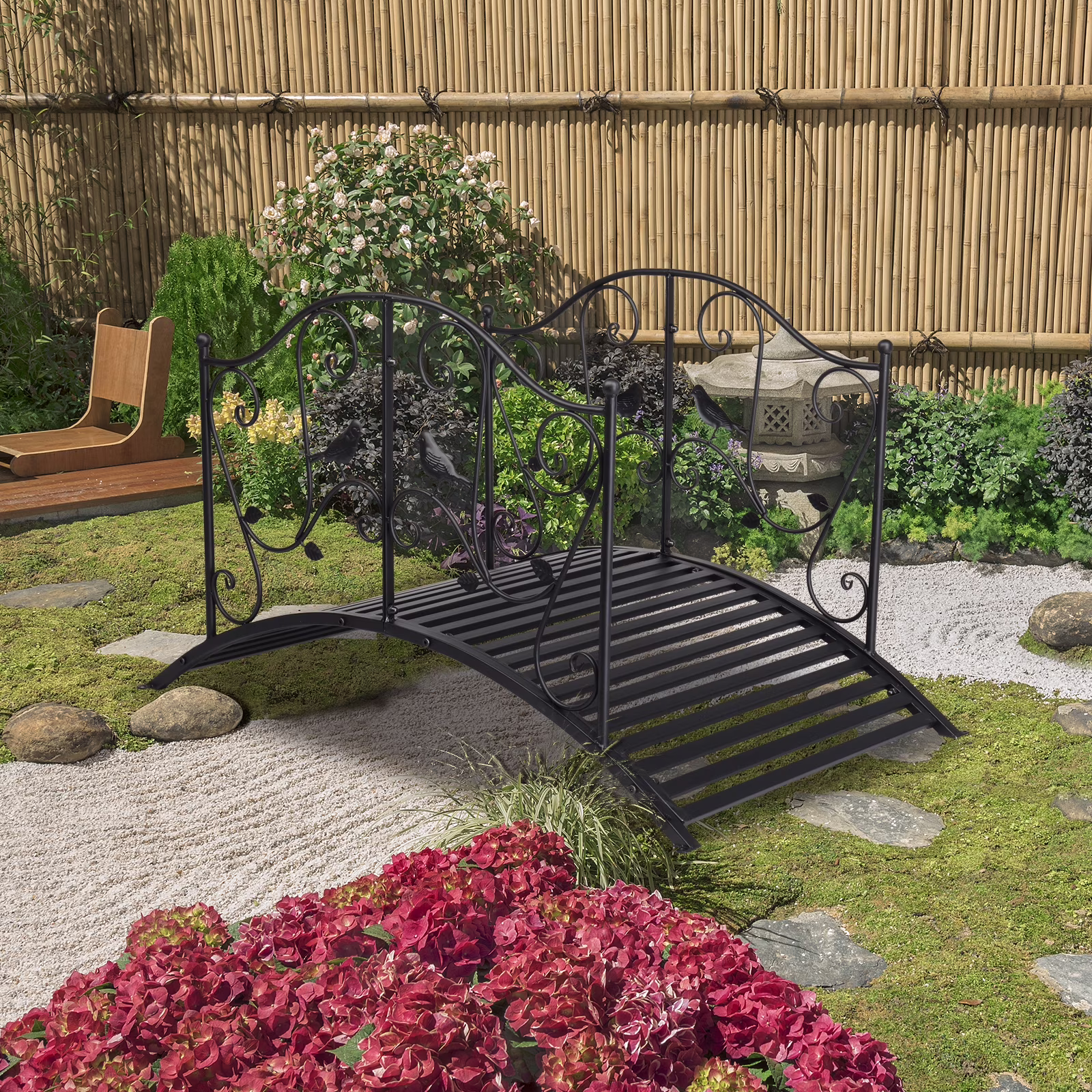 Garden Bridge, Metal Arch Backyard Garden Bridge Safety Siderails, Arch Path Bridge, Ourdoor Decorative Iron Foot Bridge for Pond and Backyard Landscaping (Black with Ball Flat Top), (47 x 26 x 28)”