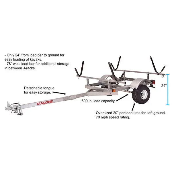 Malone LowMax 2-Kayak Galvanized Steel Trailer With LED Lights And 70 MPH Tires