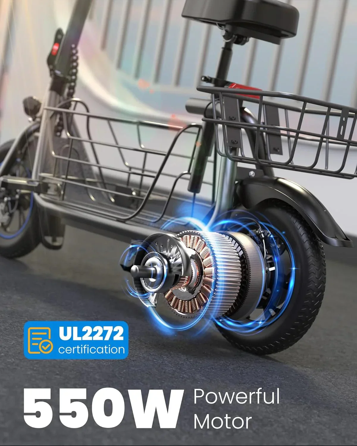 Electric scooter for adults with large center basket
