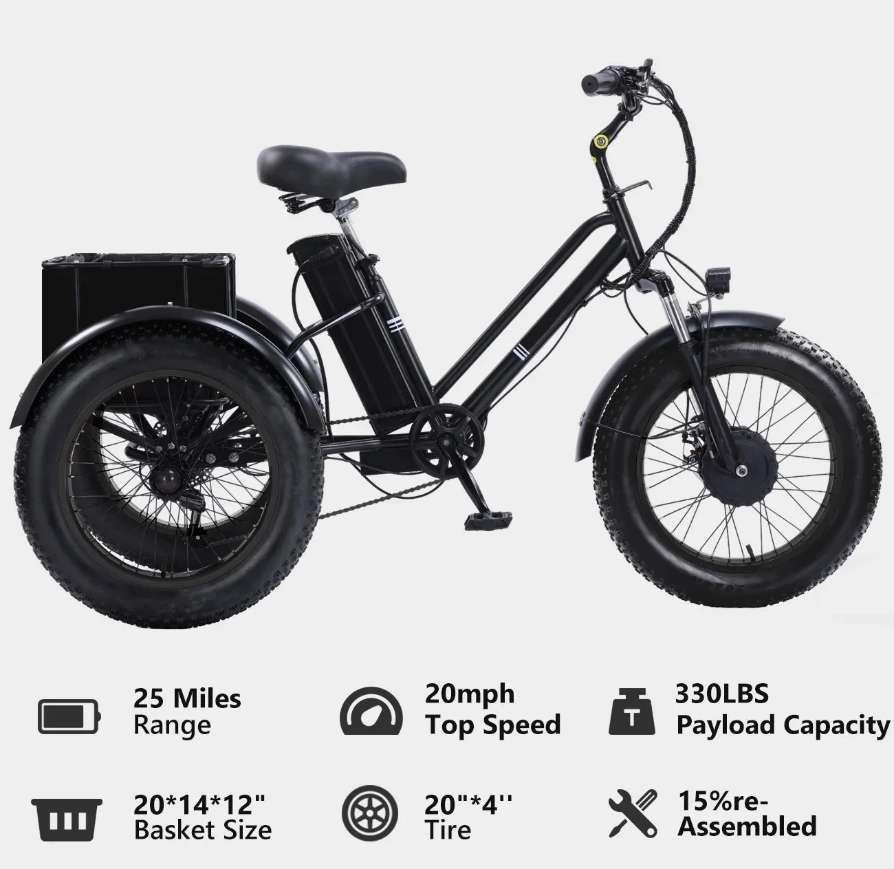 YEBEI Folding Electric Tricycle for Adults, 500W Motor, 48V15AH Lithium Battery, 20 x 4.0 in Fat Tires