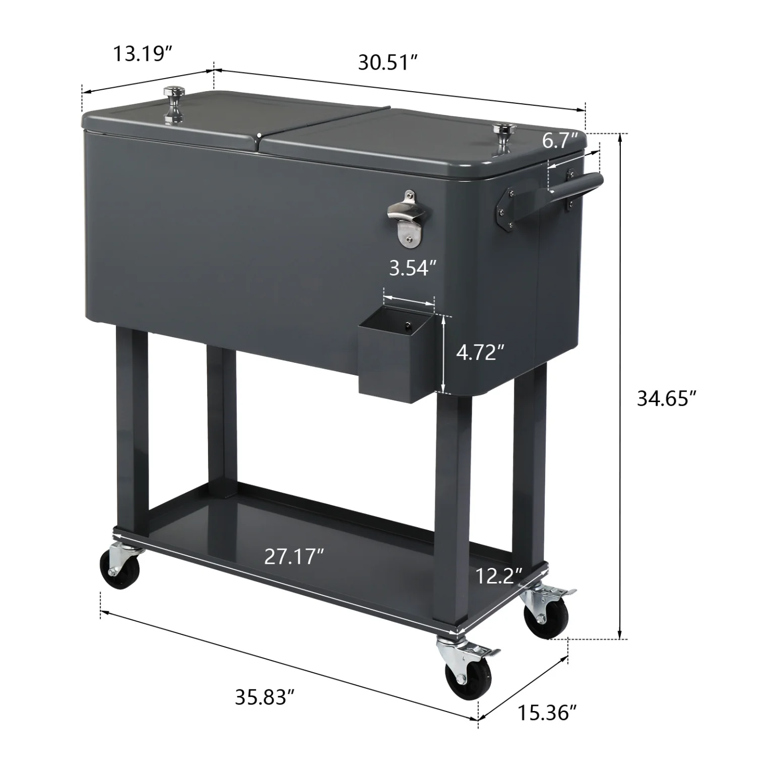 80Qt All-In-One Cooler Cart With Bottle Opener, Lower Storage Shelf and Cap Catcher, Outdoor Party Rolling Cooler With Lockable Wheels For Pool Side, Patio, Balcony, Mint(33.07 x 15.16 x 35.83)"