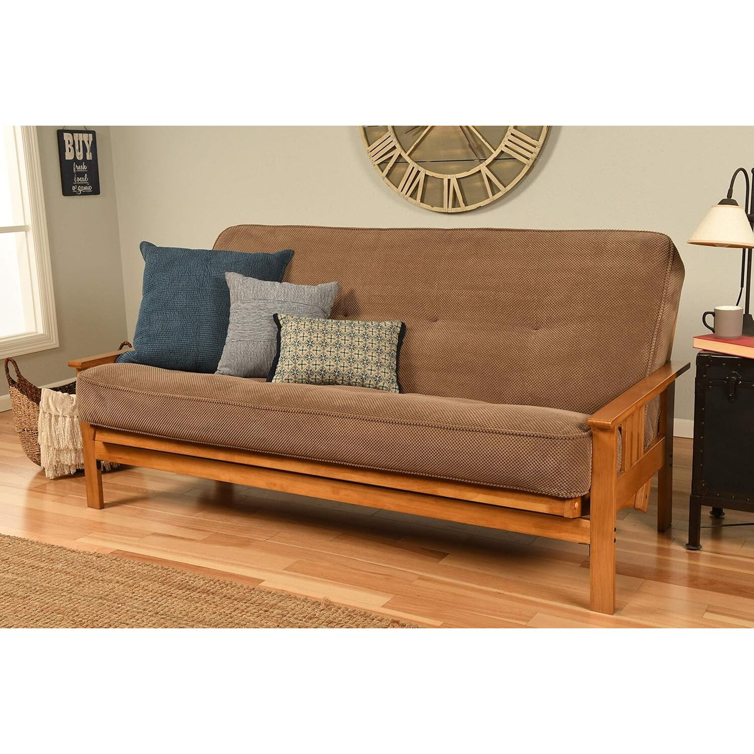 Homestock African Artifacts Full Size Futon Frame Set with Mattress, Easily Converts to Bed, Versatile Design Futon Frame for All Spaces, 33"H x 79"L x 37"D-Color:Linen Charcoal,Size:Barbados