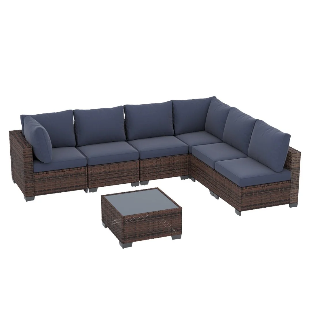 Ainfox 7 Pcs Outdoor Patio Furniture Sofa Set, Grey Rattan Grey Cushion