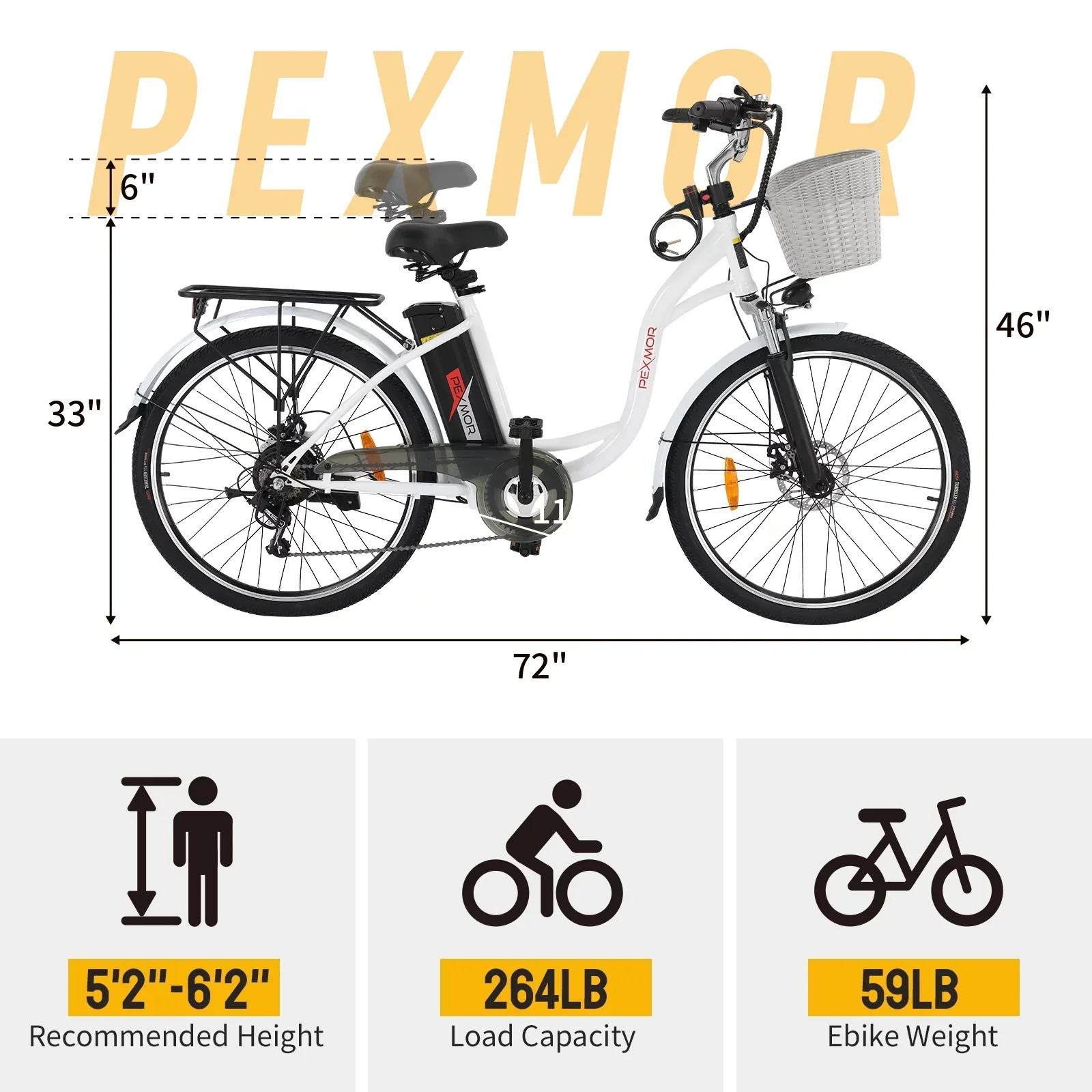 PEXMOR Adult Electric Bike 350W Peak 500W 36V 12.5AH 26in Cruiser