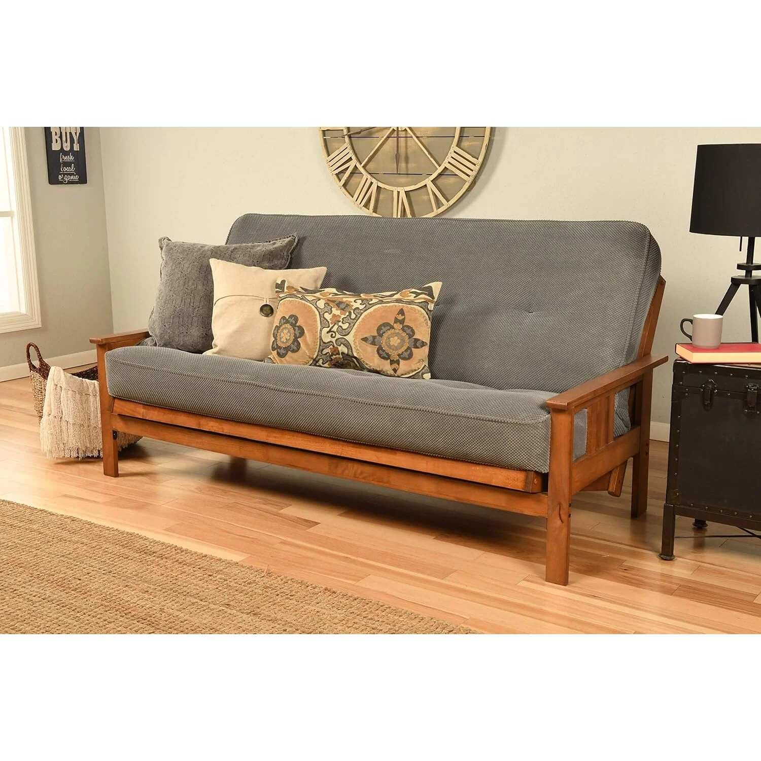 Homestock African Artifacts Full Size Futon Frame Set with Mattress, Easily Converts to Bed, Versatile Design Futon Frame for All Spaces, 33"H x 79"L x 37"D-Color:Linen Charcoal,Size:Barbados