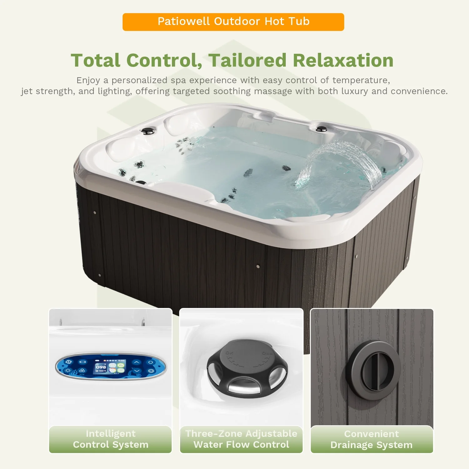 Patiowell 2 Person Home Spa Hot Tub for Outdoor, with 41pcs Massage Jets, LED lighting, Built-In Water Purification System, 900L, Black