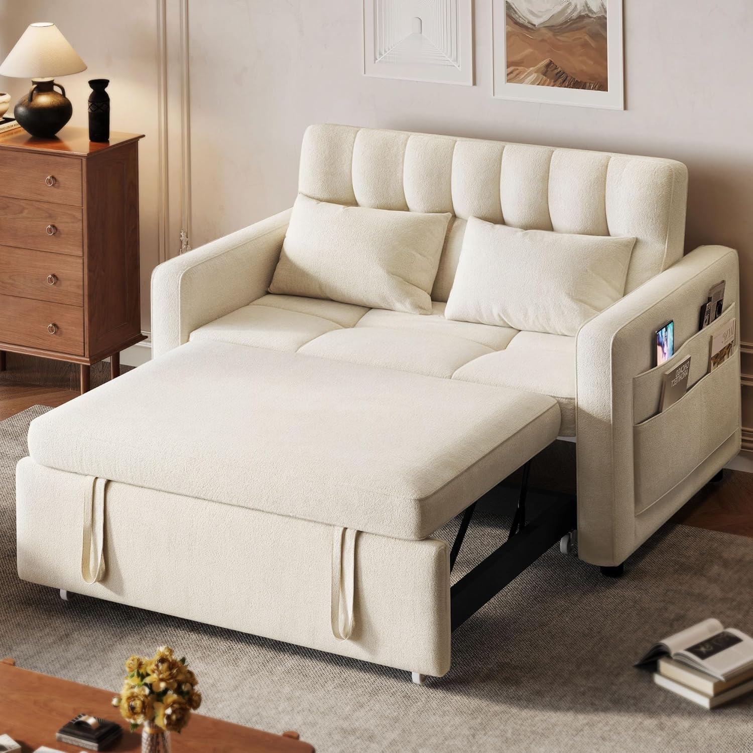 3-in-1 Convertible Sofa Bed, 55″ Sleeper Sofa with Pull-Out Bed, Cat-Scratch-Proof Fabric Futon Couch with Adjustable Backrest and Side Pocket, Loveseat for Living Room Apartment, Grey