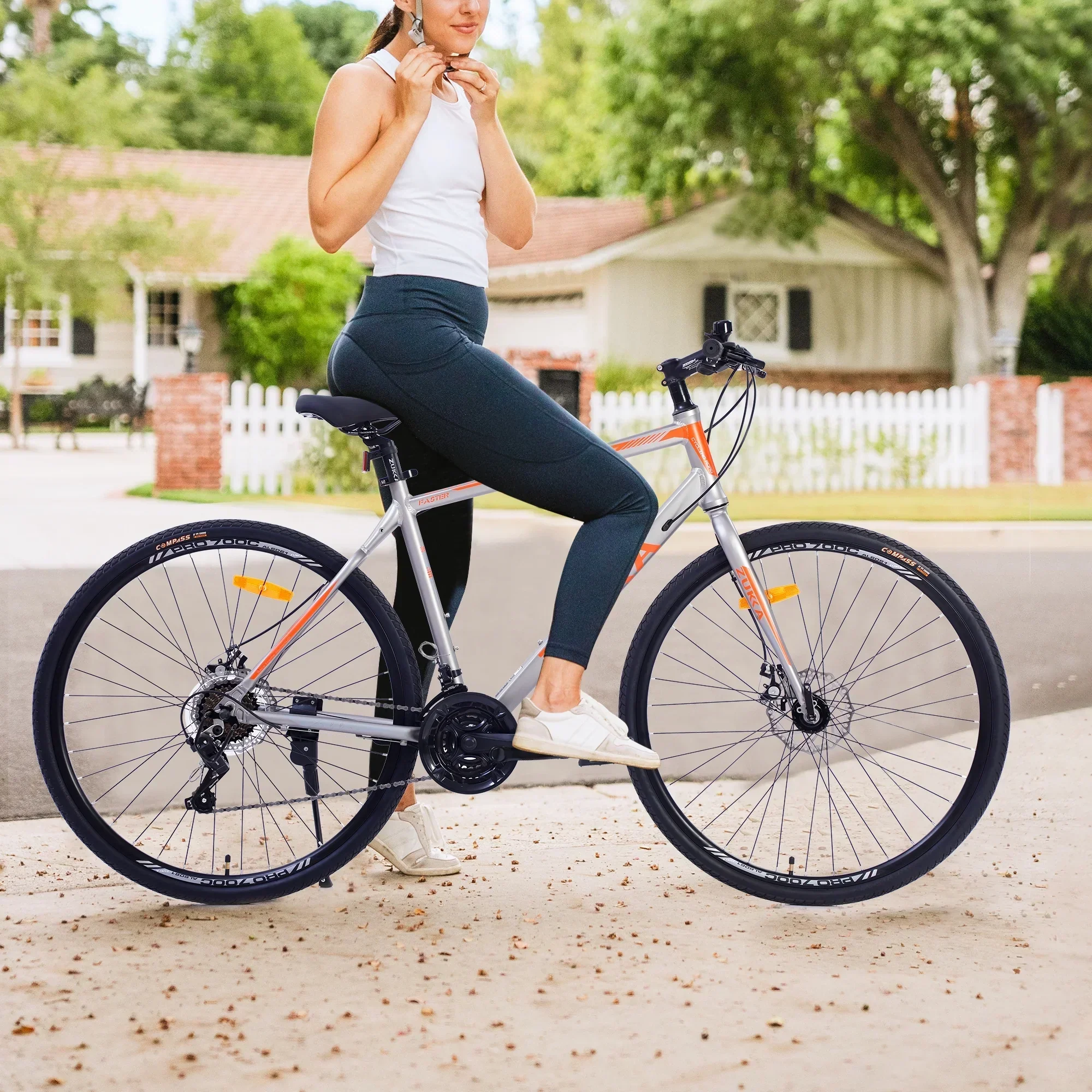 Men's Hybrid Road Bike 28 inch 700C Wheels, 21-Speed, 21-inch Aluminum Frame - Silver and Orange