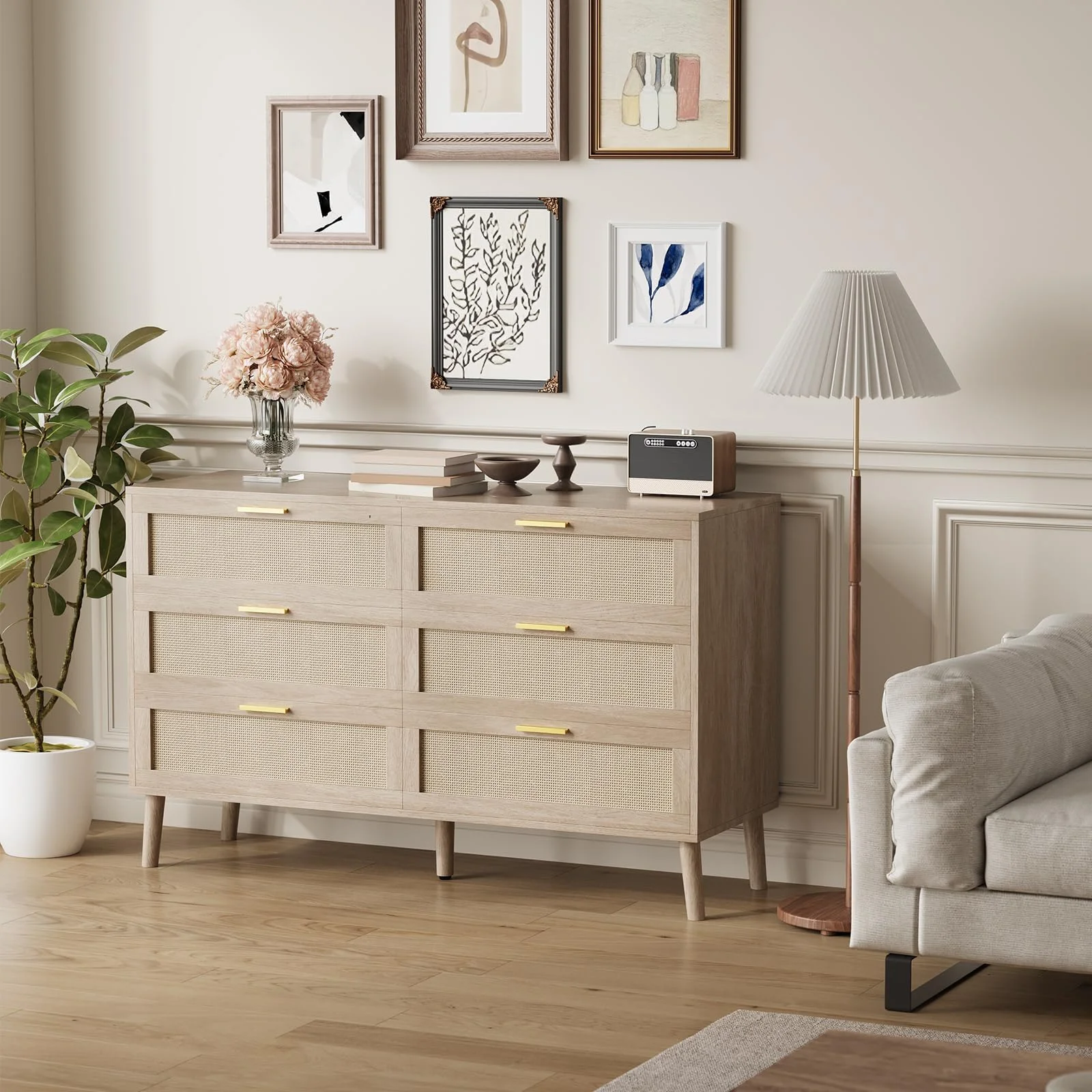 Huloretions 6 Drawer Dresser,Rattan Chest of Dressers,Mid Century Modern Dresser For Closet With Handles,Large Table Top Dresser For Bedroom Living Room Hallway 47.2″ x 15.7″ x 29.5″