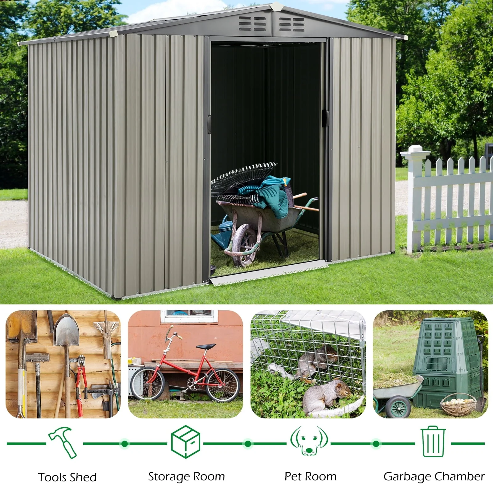 AECOJOY 8 x 6 ft. Outdoor Metal Storage Shed with Sliding Door
