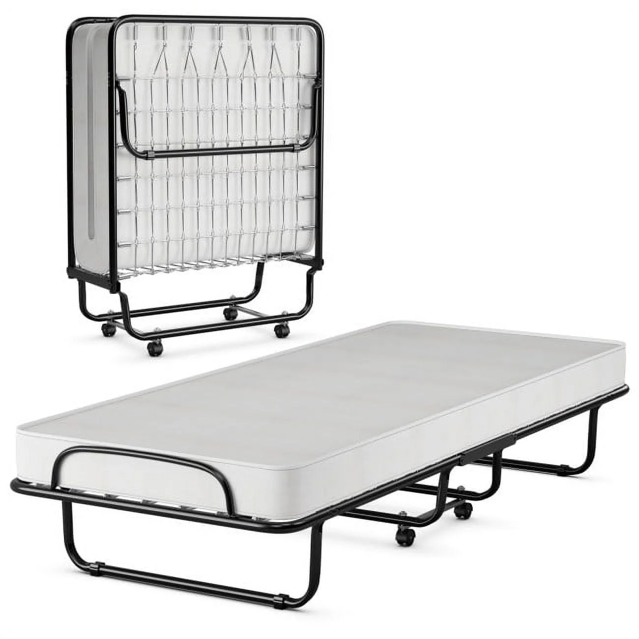 75″ x 31″ x 13″ Folding Bed with Mattress, Rollaway Bed Metal Frame on Wheels, Portable Foldable Guest Bed for Adults, Cot Size Fold up Bed with Memory Foam Mattress