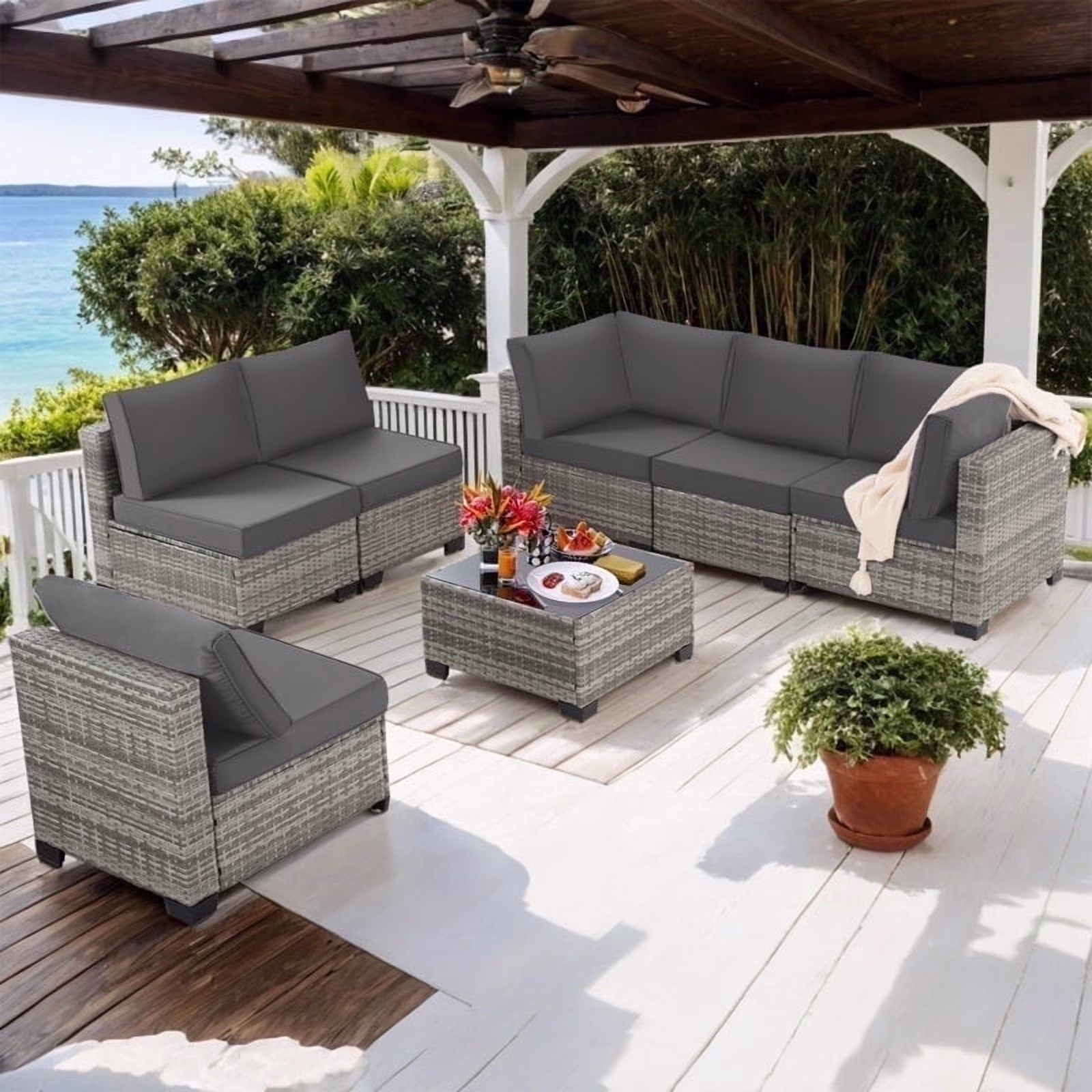 Ainfox 7 Pcs Outdoor Patio Furniture Sofa Set, Grey Rattan Grey Cushion