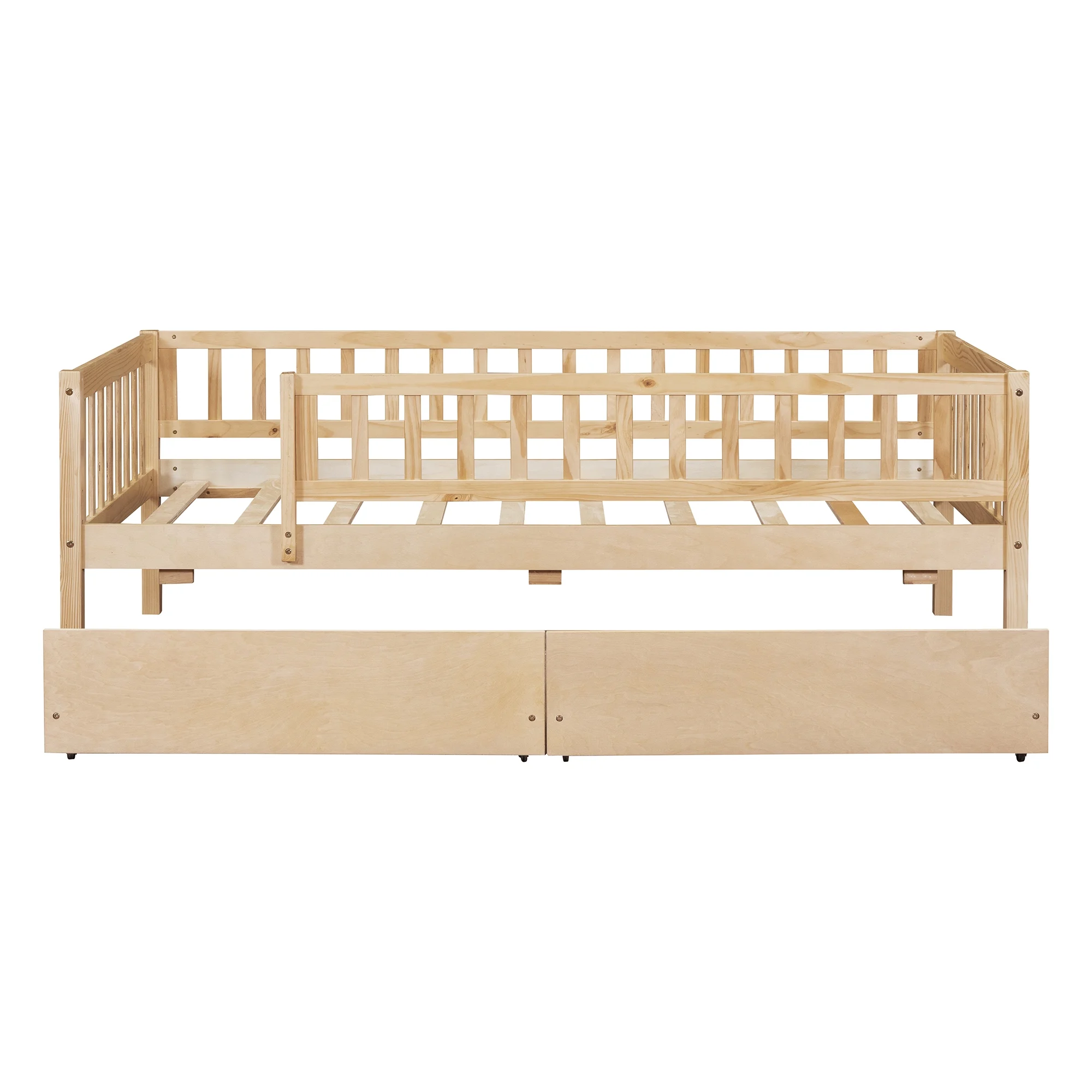 Holaki Twin Size Wood Bed with Guardrails and 2 Storage Drawers for Kids, Gray