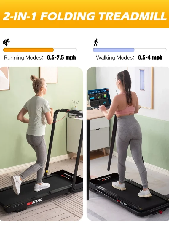 FYC 3.5HP Under Desk Treadmill 300LBS Weight Capacity 2-in-1 Foldable Design Remote Control & LED Display Compact Electric Walking and Running Machine for Walking Running Jogging (Black)