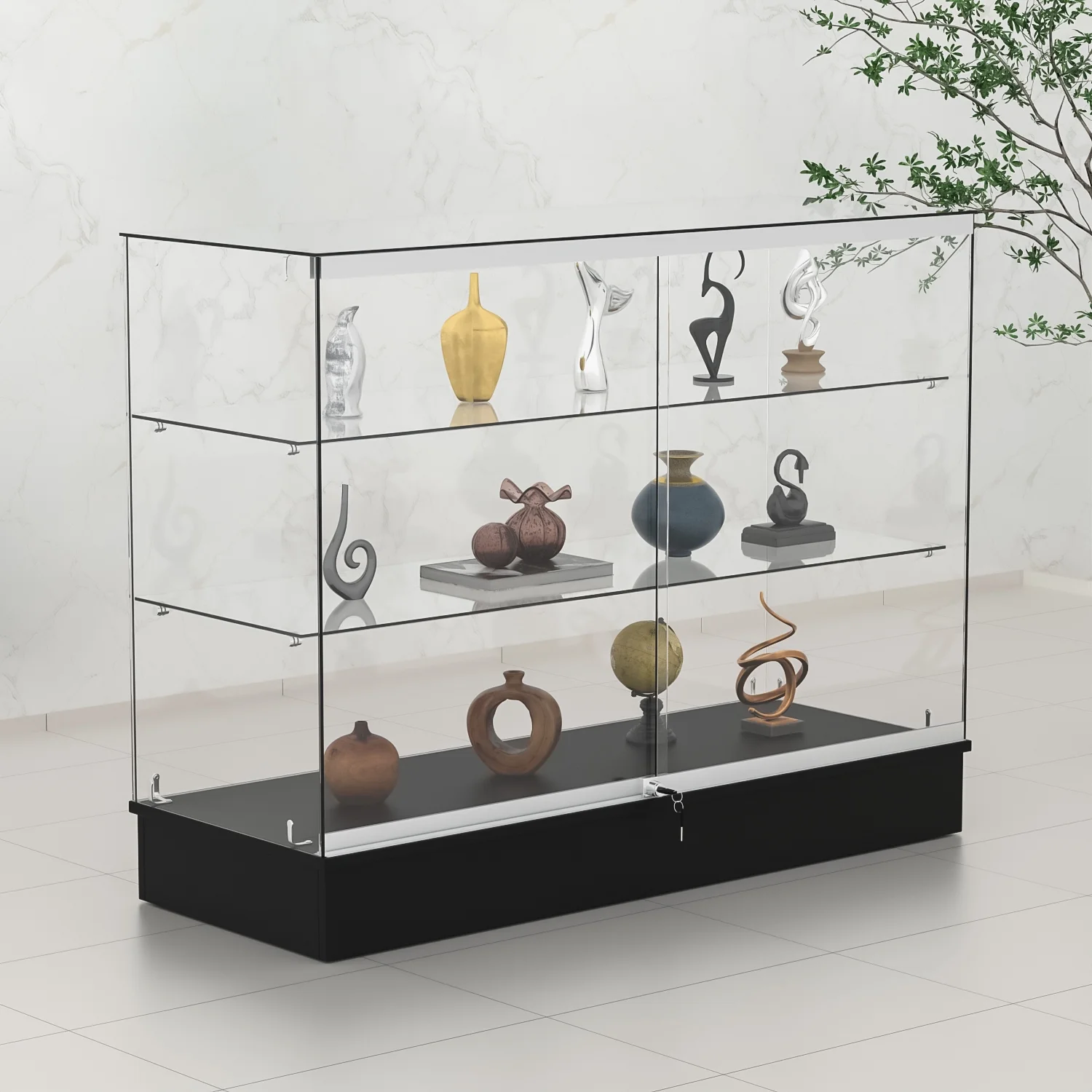 48" W x 18" D x 38" H - White Full Vision Retail Display Case, Tempered Glass Display Cabinet with Glass Shelves and Lock, Storage Cabinets for Retail and Collectible Display