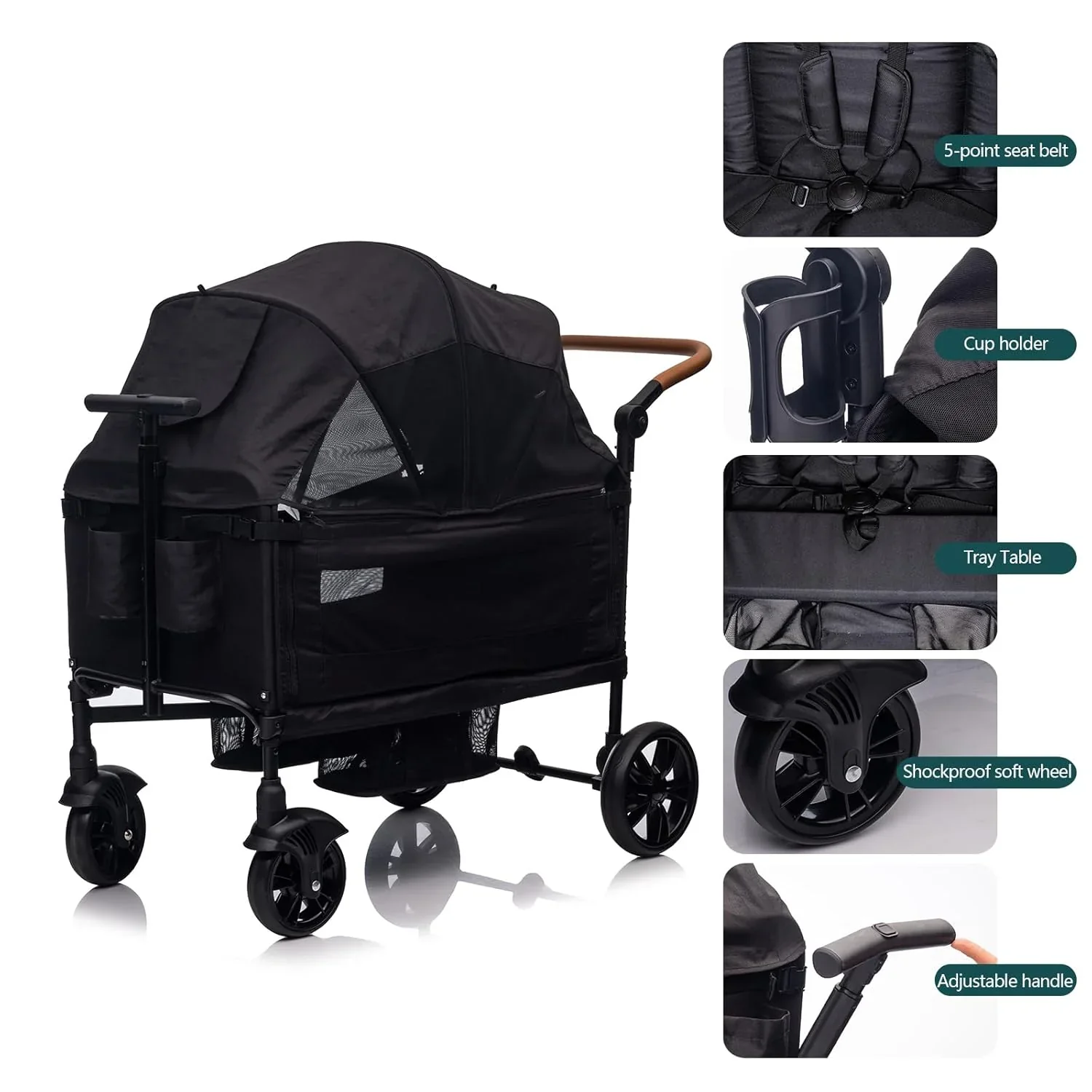 Wagon Stroller for 2 Kids & Cargo-Travel Stroller Push-Pull Double Wagon Lightweight Folding Stroller for Newborn&Toddler with 5-Point Harness,Adjustable Handle Bar and Canopy,Tray Table,Cup Holder