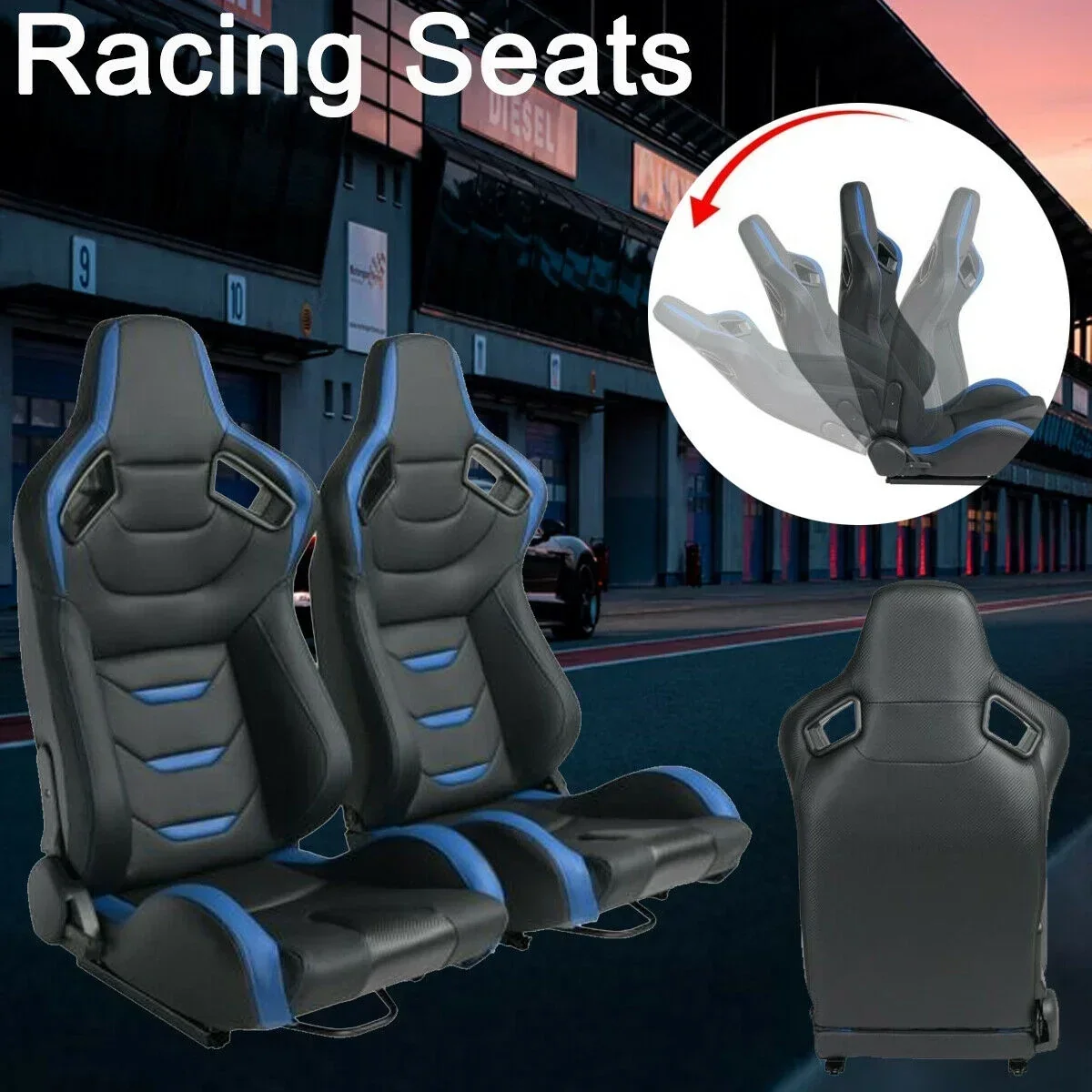 Universal Racing Bucket Seats, Pair With Dual Lock Sliders, Black With Blue PVC Leather, 36.6 x 21.6 x 21.6 in