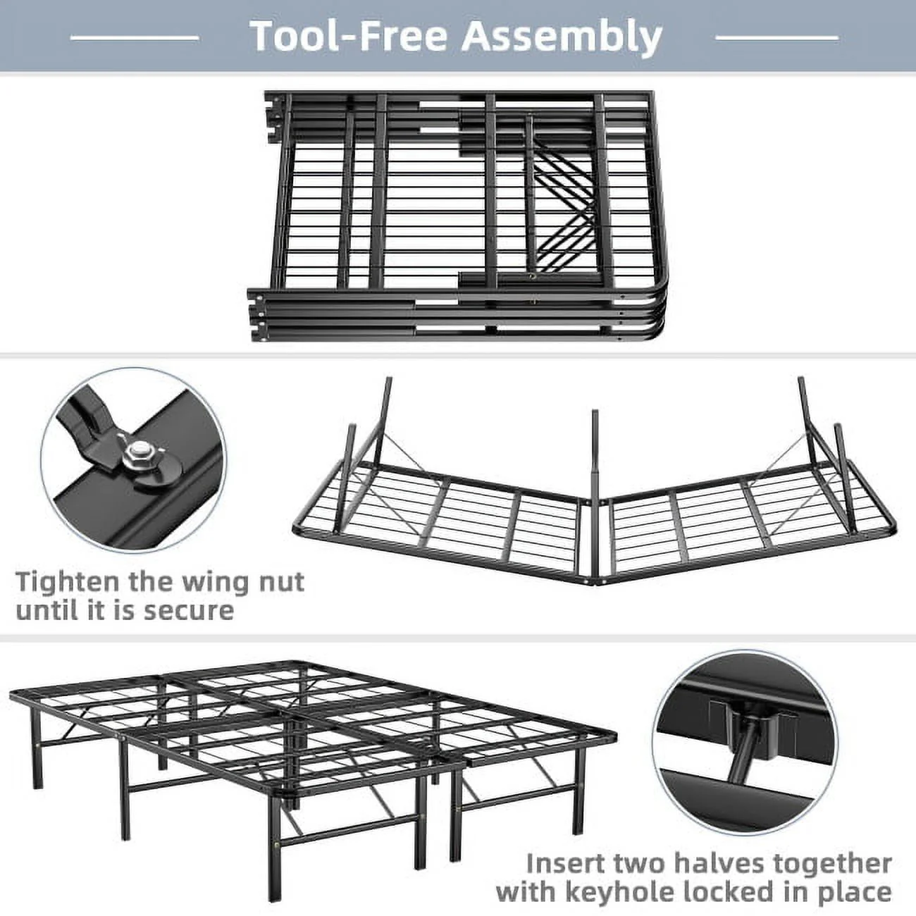 74" x 53" x 14" Foldable Metal Platform Bed Frame, No Box Spring Needed Steel Slats Support, 14 Inches High Under Bed Storage, Tool-free Assembly, Full Size