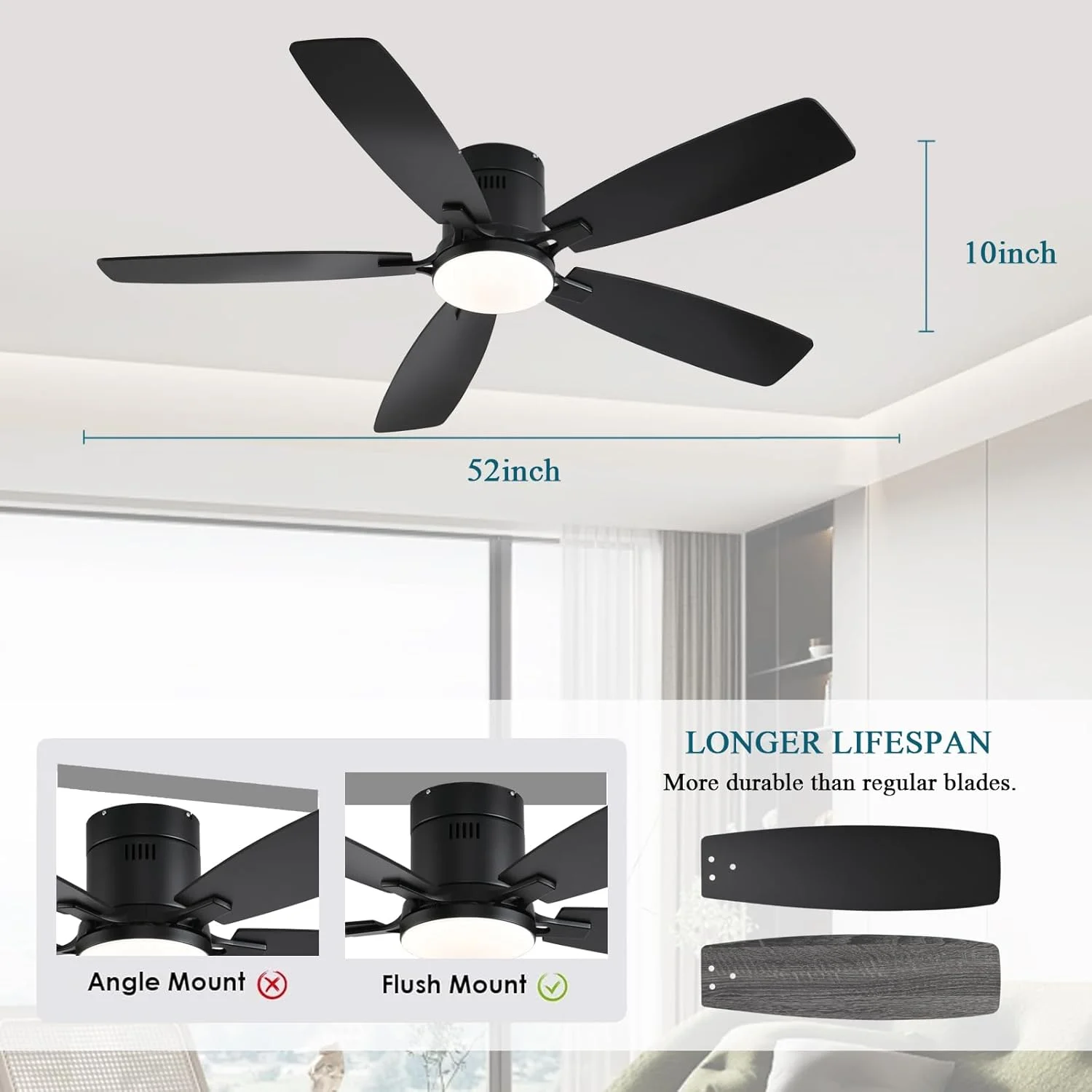 42 Inch Low Profile Ceiling Fans with Lights and Remote, Flush Mount Modern Ceiling Fan, 3 CC T DC Ceiling Fan for Bedroom, Living Room, Brushed Nickel