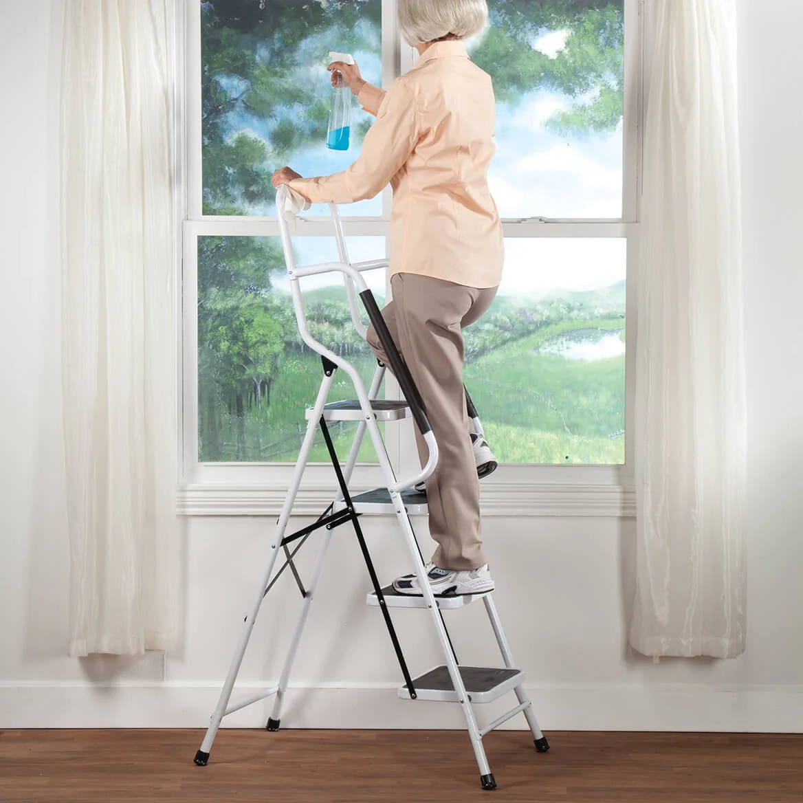 LivingSURE Folding 4-Step Safety Ladder – Heavy Duty Steel, Anti-Slip Treads, Padded Handrails – Space Saving Design – Perfect for Home, Kitchen, Office – 32 x 21 x 66 inches