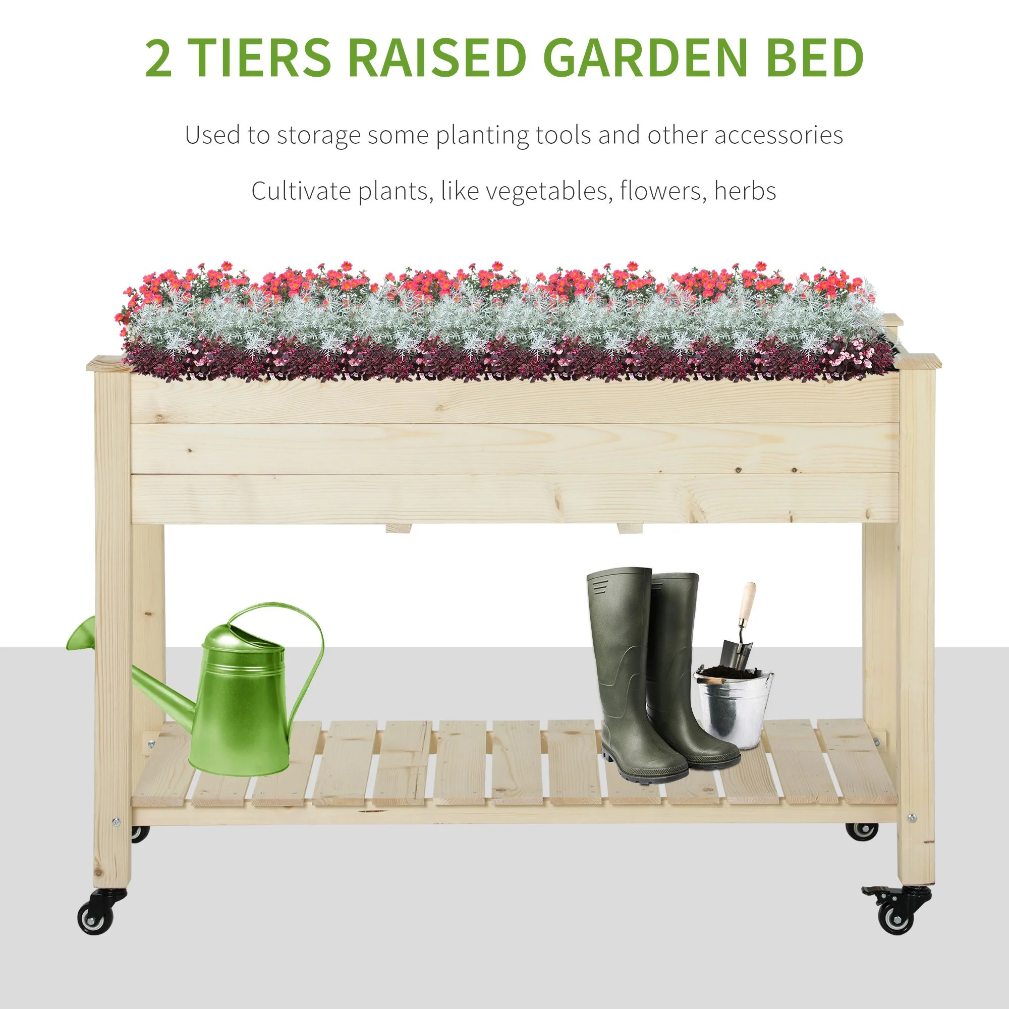 DUOSONG Outsunny Raised Garden Bed, 47" X 22" X 33", Elevated Wooden Planter Box W/ Lockable Wheels, Storage Shelf, And Bed Liner For Backyard, Patio, Natural Natural Wood Garden & Outdoor Garden