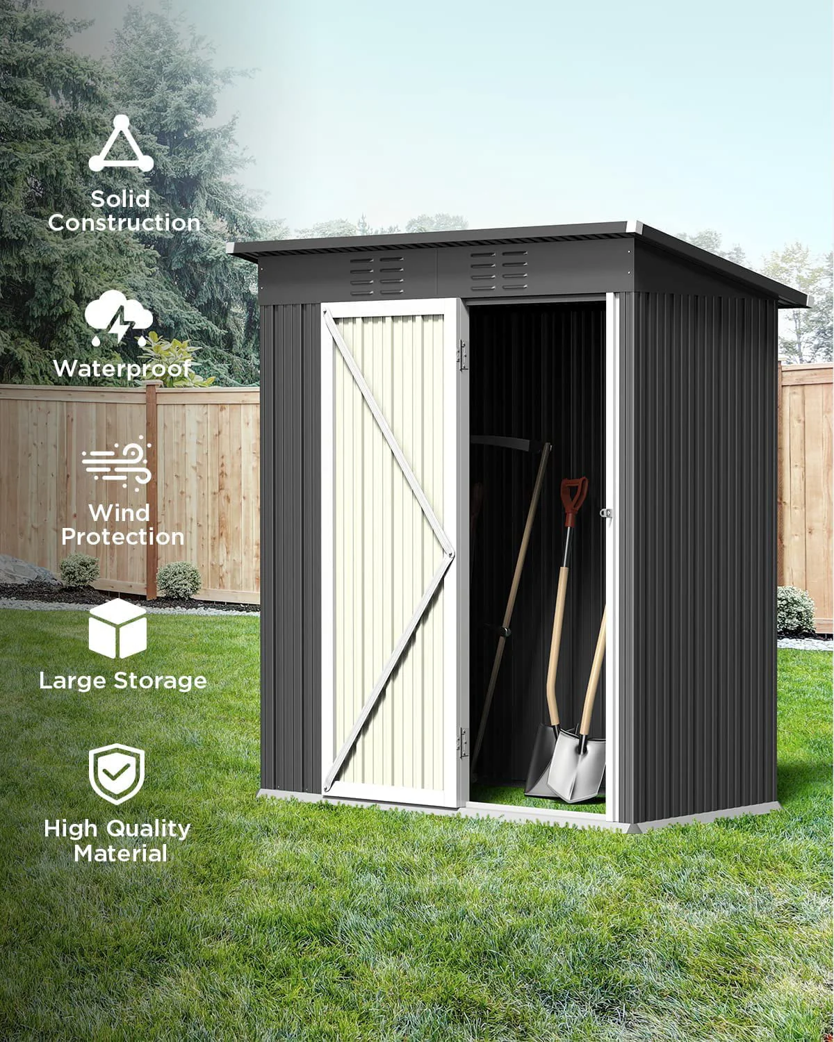 Aiho 5'x 3' Metal Outdoor Storage Shed for Patio Lawn Garden - Gray