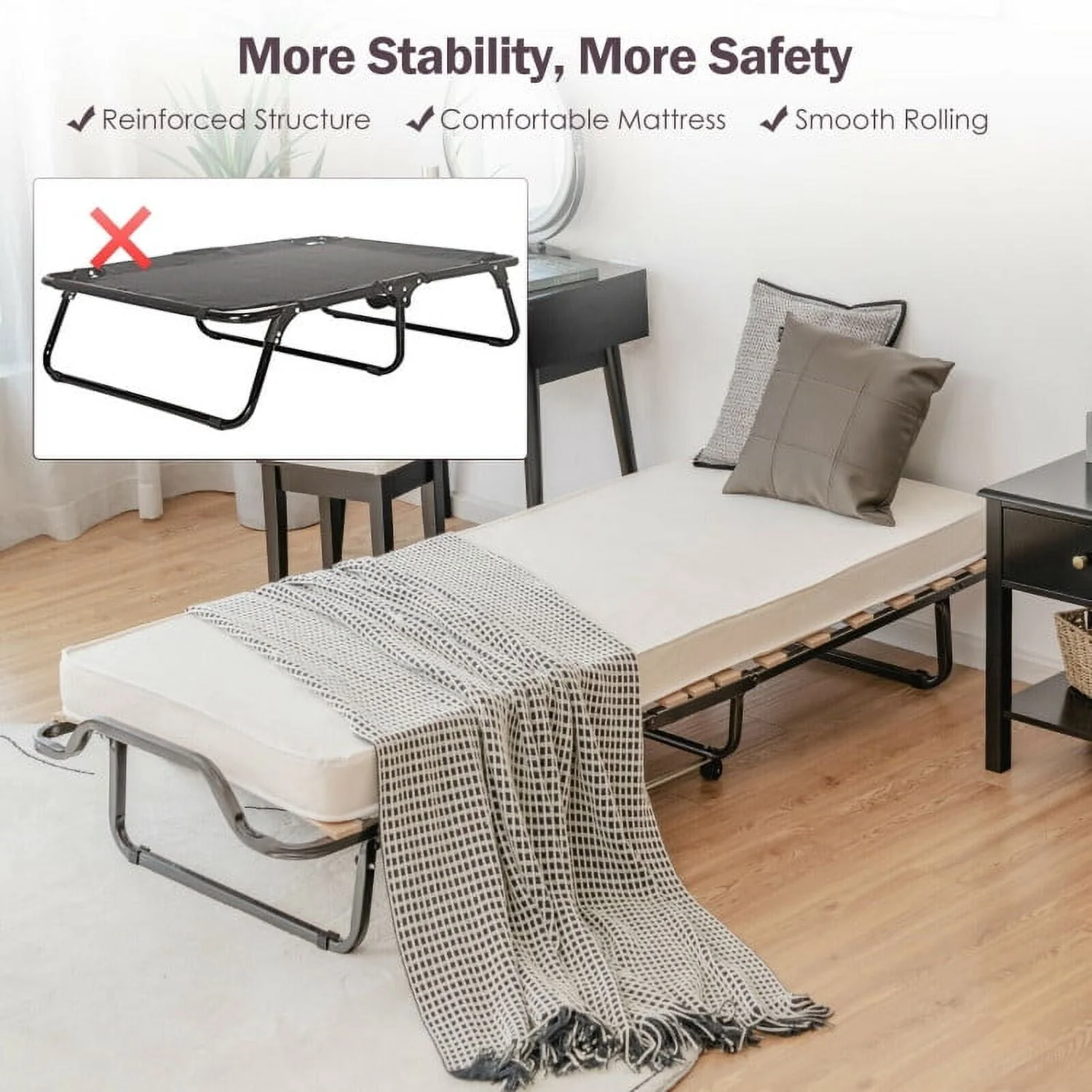 Folding Rollaway Bed, Metal Frame Bed Storage Cover Included, Portable Foldable Guest Bed for Adults, Cot Size Fold up Bed with Memory Foam Mattress on Wheels 76.5" x 31.5" x 16"