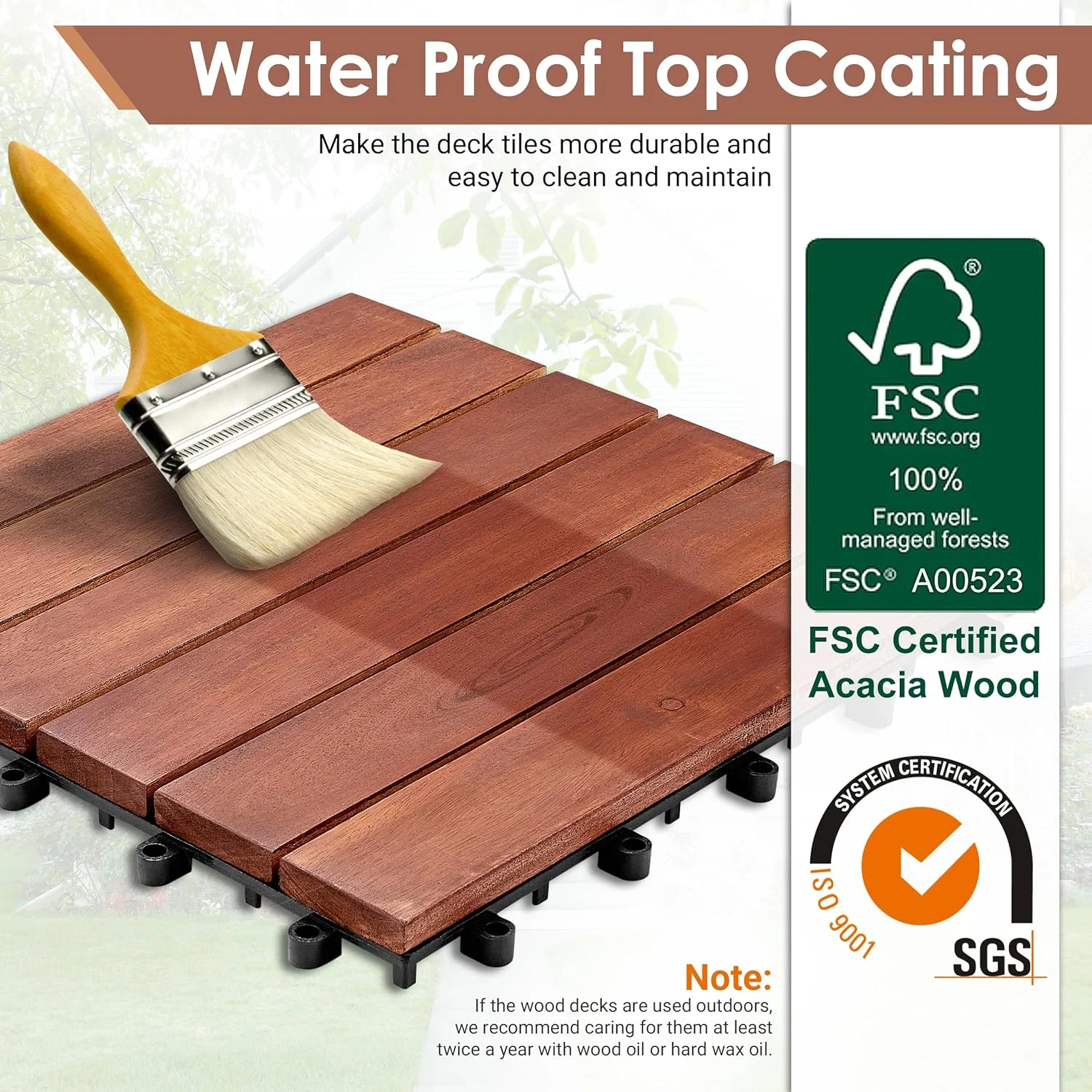BuxWellBang 12” x 12” Interlocking Deck Tiles, Acacia Wood for Flooring, 27 Pcs, Brown