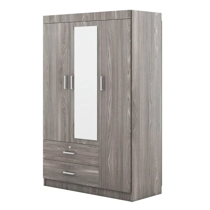 3-Door Mirror Wardrobe with Shelves and 2 Drawers