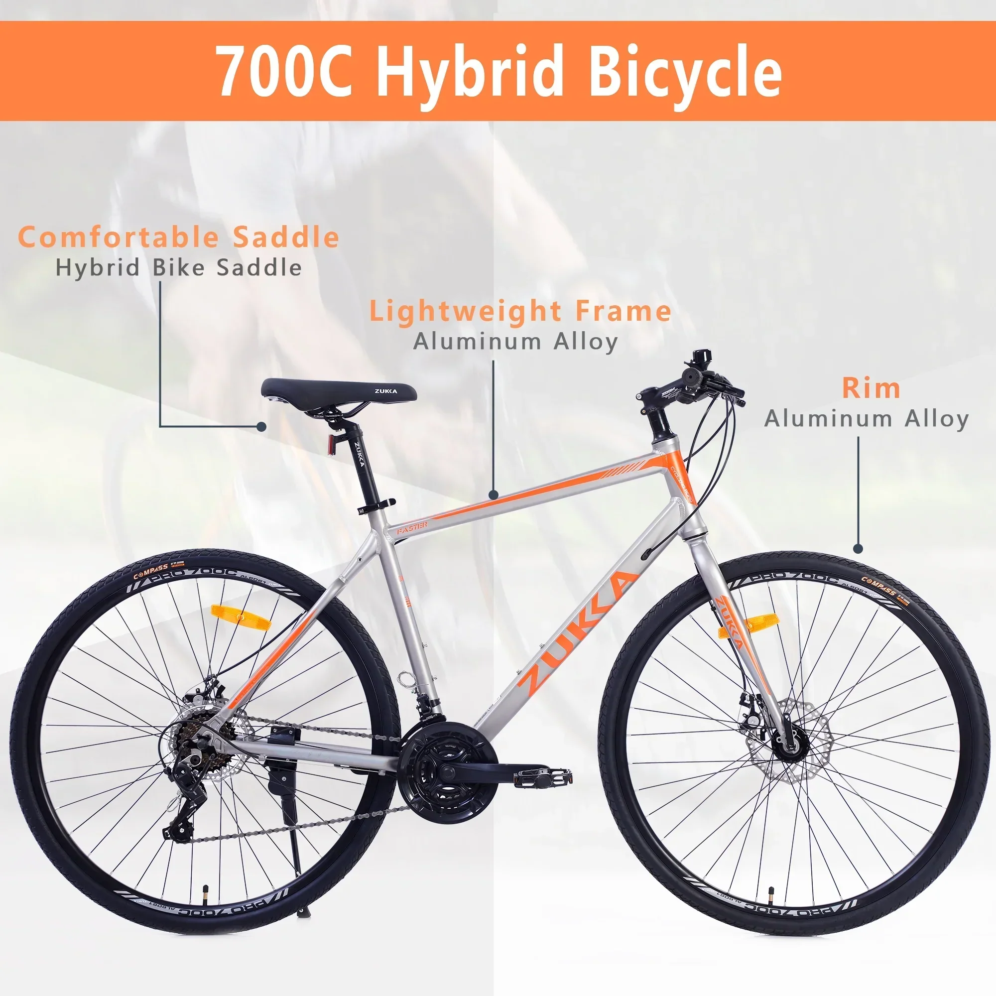 Men’s Hybrid Road Bike 28 inch 700C Wheels, 21-Speed, 21-inch Aluminum Frame – Silver and Orange