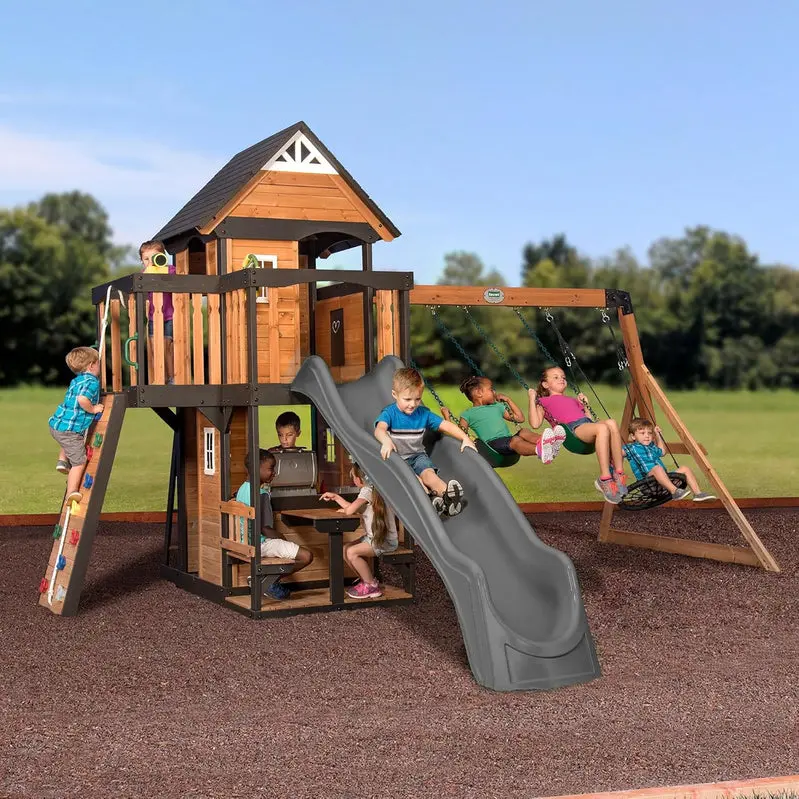 Backyard Discovery Canyon Creek Cedar Wood Swing Set With Wave Slide, Clubhouse, Play Kitchen, 183 x 188 x 119 Inches