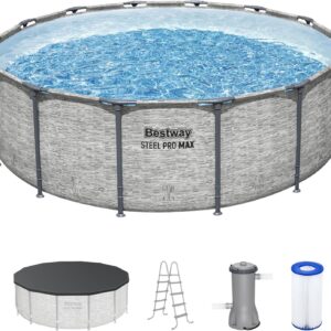Steel Pro MAX 14 Foot x 48 Inch Round Metal Frame Above Ground Outdoor Swimming Pool Set with 1,000 Filter Pump, Ladder, and Cover, Gray