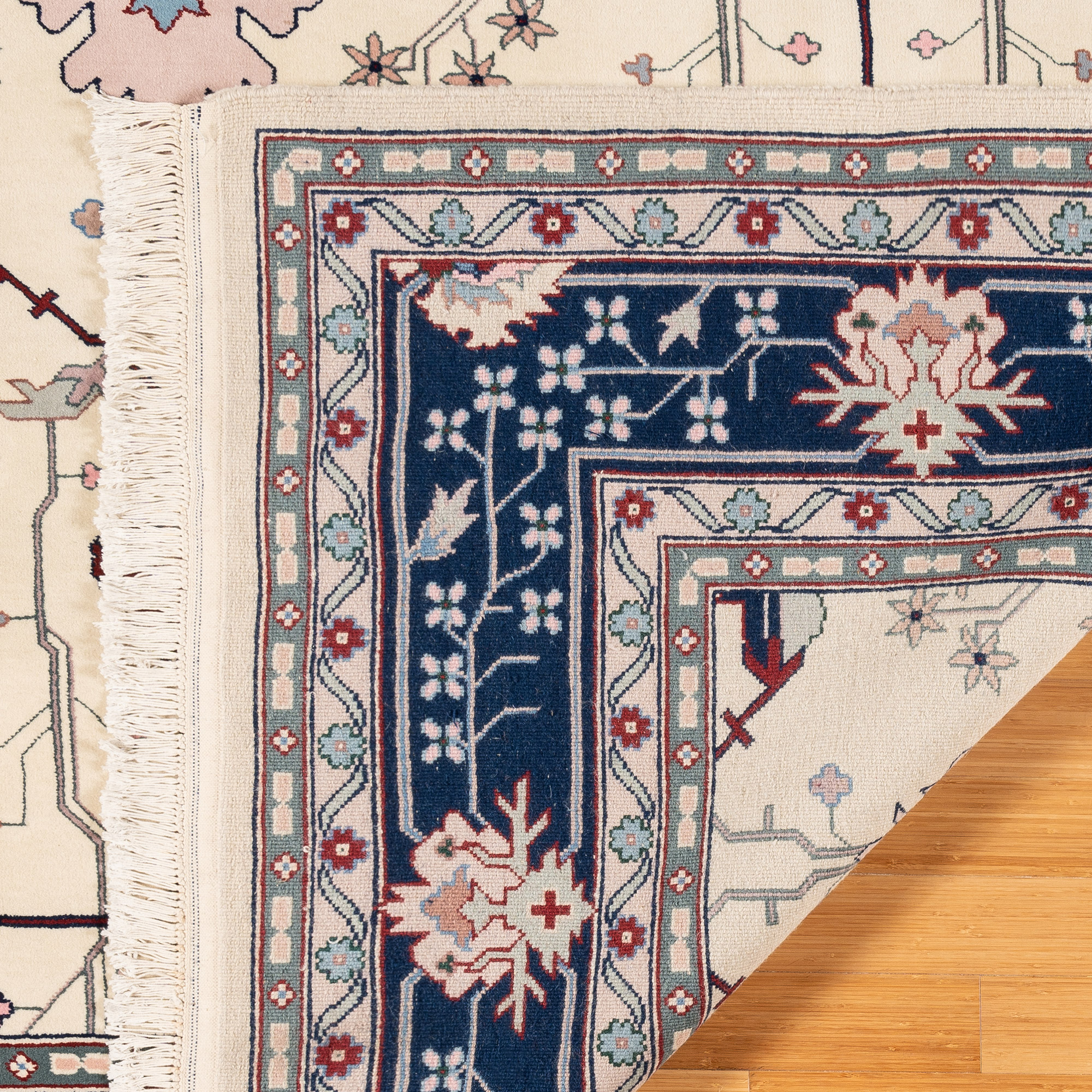 Montacute Hand Knotted Area Rug, Keshan Ivory Navy, 9' x 12'