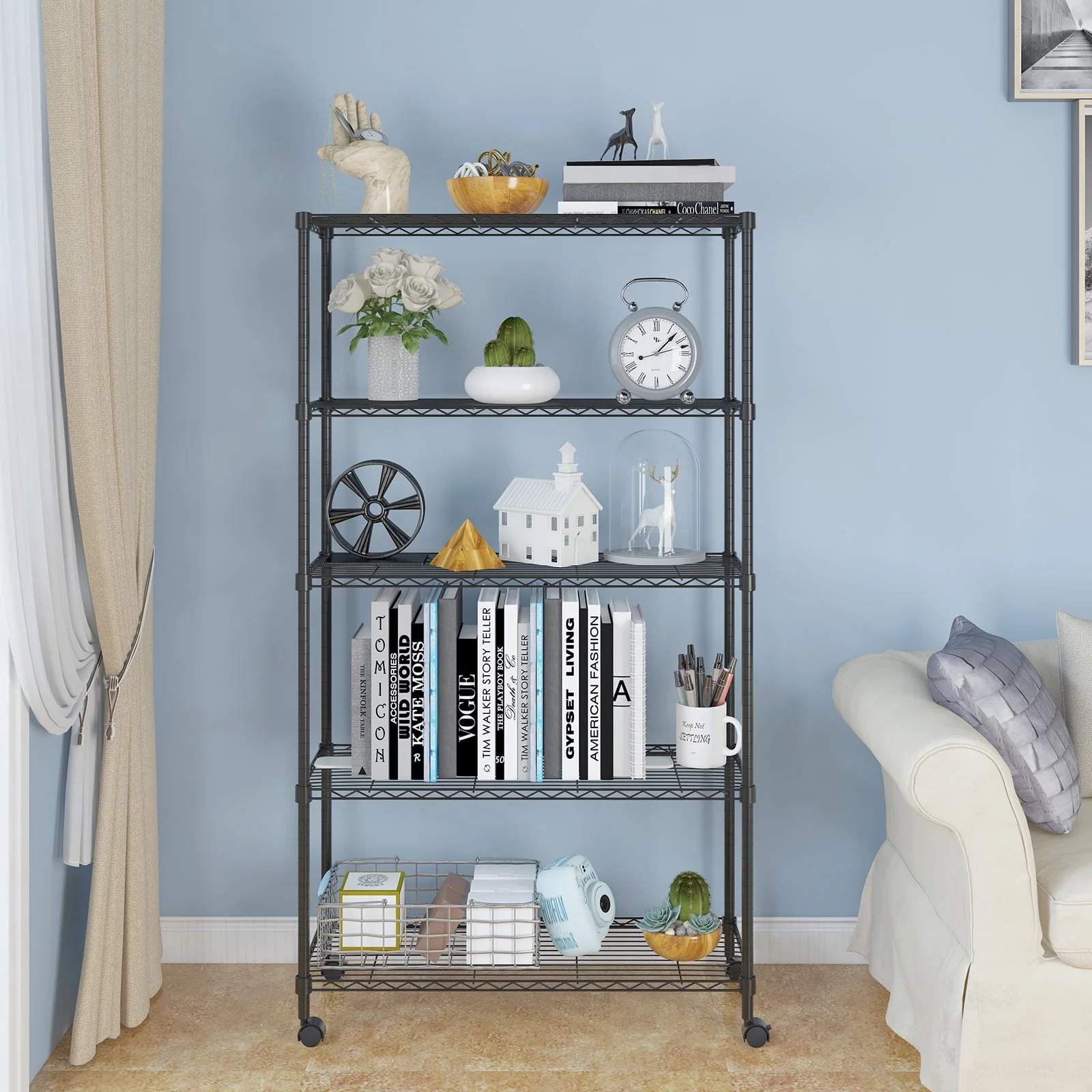 Zimtown 5-Shelf Metal Storage Rack, 35"L x 14"W x 65" H Wire Shelving Unit with Wheels Black for Kitchen Garage, Capacity for 200 lbs Per Shelf