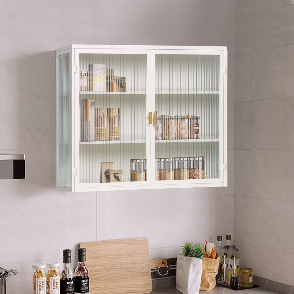 Hassch Wall Mounted Kitchen Pantry Sideboard with 2 Glass Doors, Metal Storage Cabinet Dining Cupboard for Bathroom Kitchen Living Room Dining Room, 27.56″L x 9.06″W x 23.62″H, White