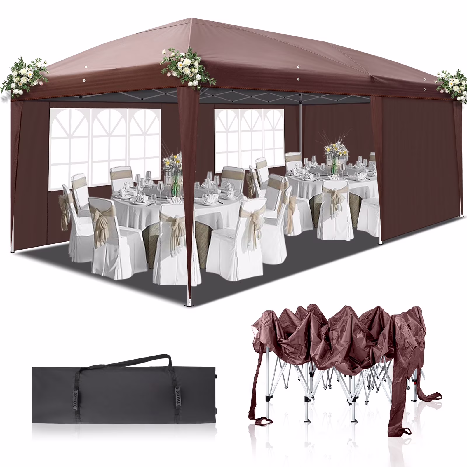 6m x 3m (20ft x 10ft) Dark Brown Waterproof Instant Pop Up Tent Portable Folding Shelter with 2 Windows, UV Protection, Heavy Duty for Camping, Outdoor Events, Market Stall, Backyard